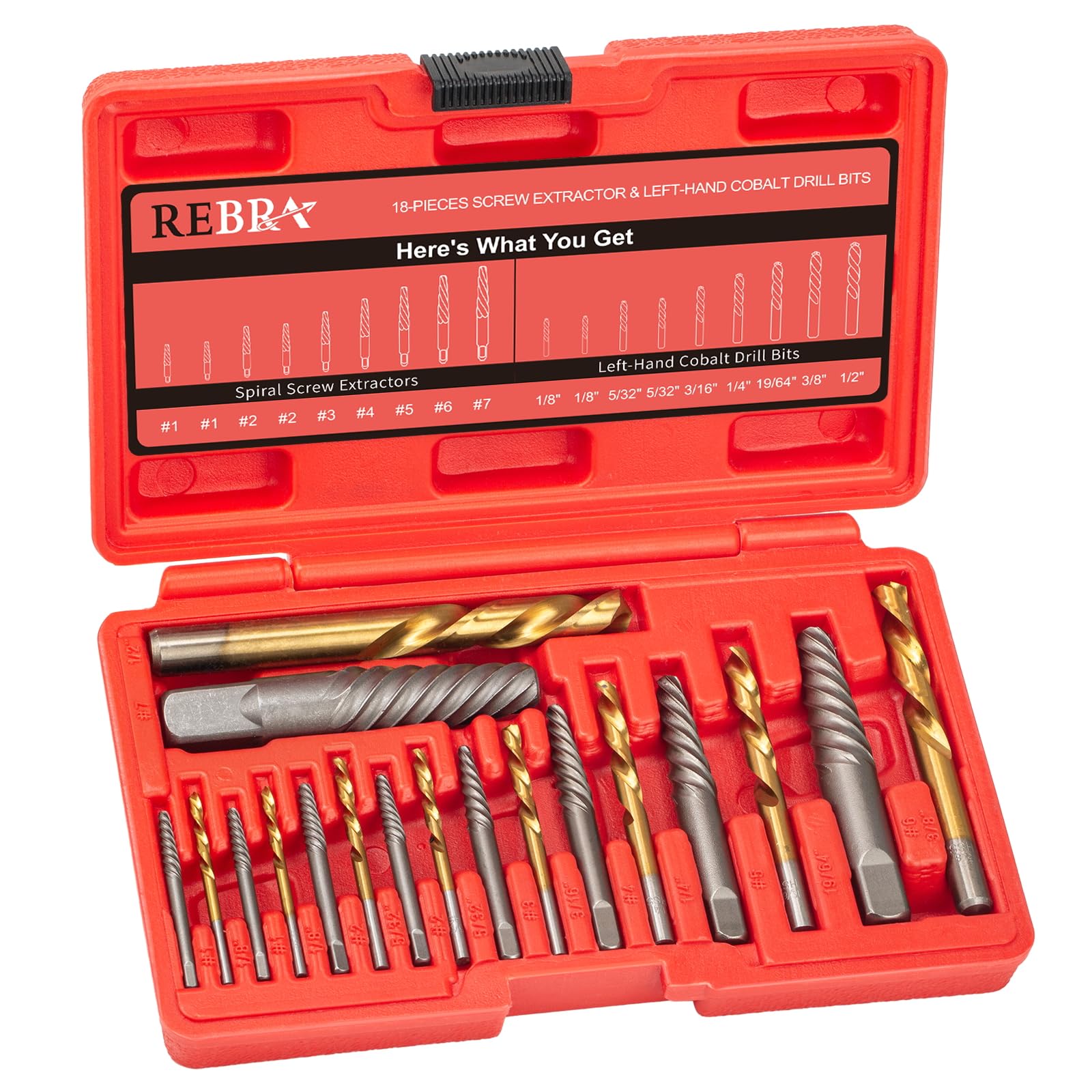 Screw Extractor Set, 37# Cr-Mo & 6542 HSS Steel Cobalt Left-Hand Drill Bit, Easy Out Broken Bolt Remover Reverse, Ez Out Stripped, Rounded-Off, Damaged Bolts, Screws&Studs Removal Tool (18-Pieces)