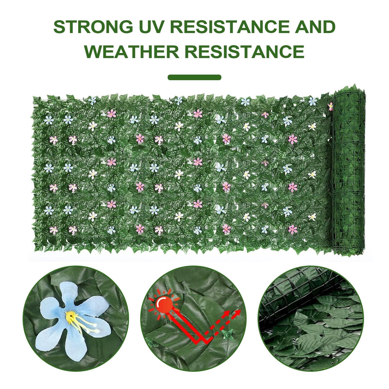 Rollo de seto decorativo de hojas de hiedra artificial verde con flores artificiales, 3 m x 1 m, valla de privacidad de hiedra artificial para pared, balcón, jardín, decoración de interior y exterior