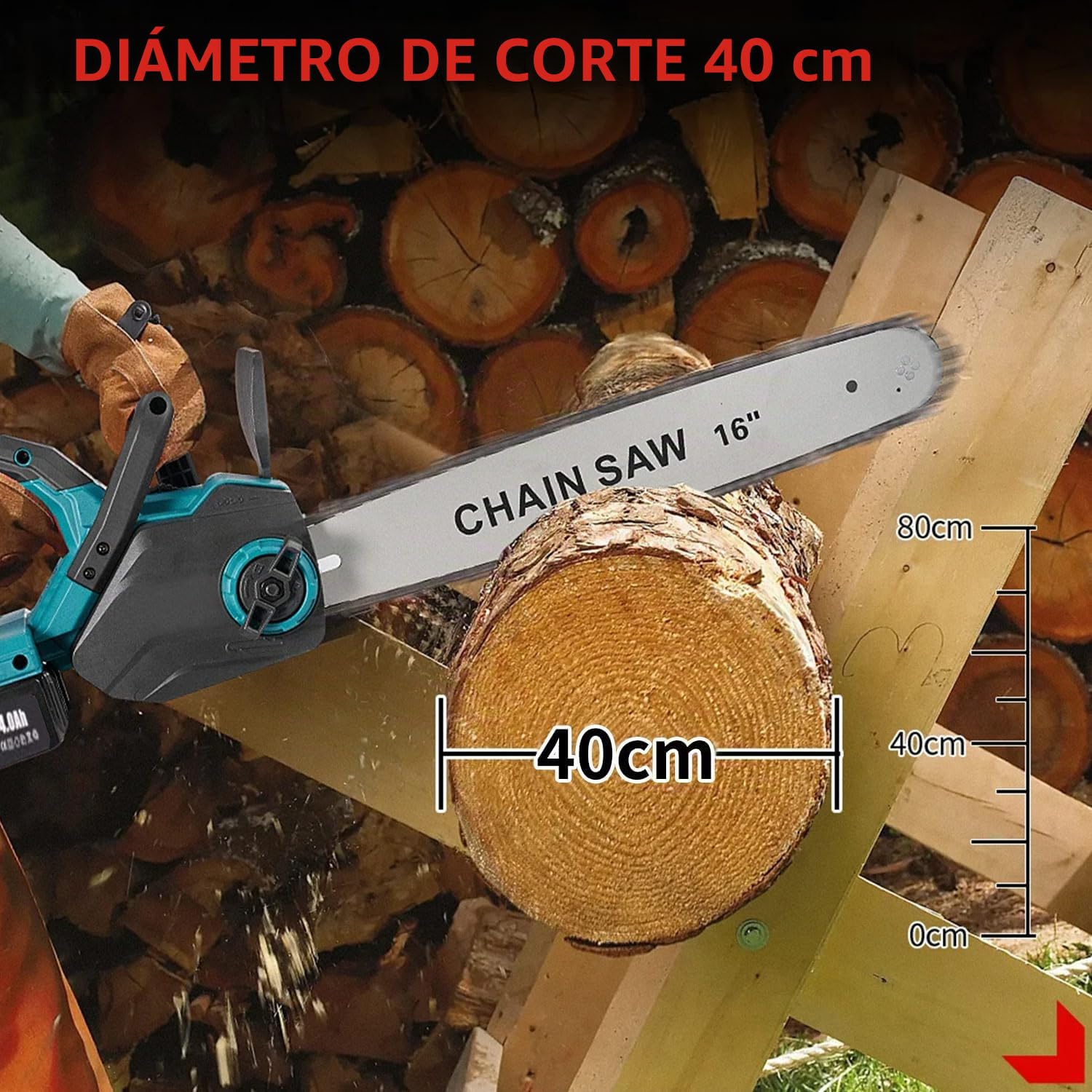 Motosierra Eléctrica con Batería de 21V, 1800 W, Sin Escobillas, con Cadena de 16 Pulgadas, con Espada de 40CM, Motosierra Bateria con 2 Baterías de 4000 mAh para Cortar Madera