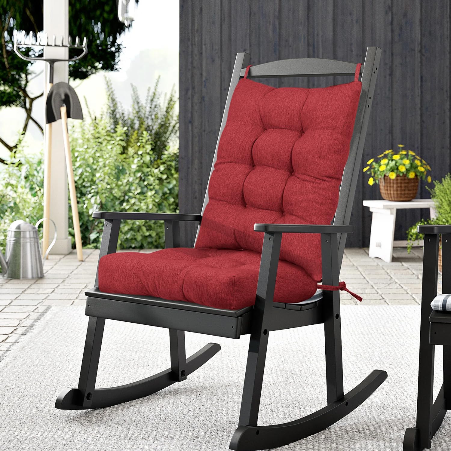 Non-Slip Rocking Chair Cushion Set with Thick Tufted Design, Set of Seat & Back Cushion with Ties for Rocking Chair Cushions Indoor,Classic Linen Fabric(21×17/17×17,Red)