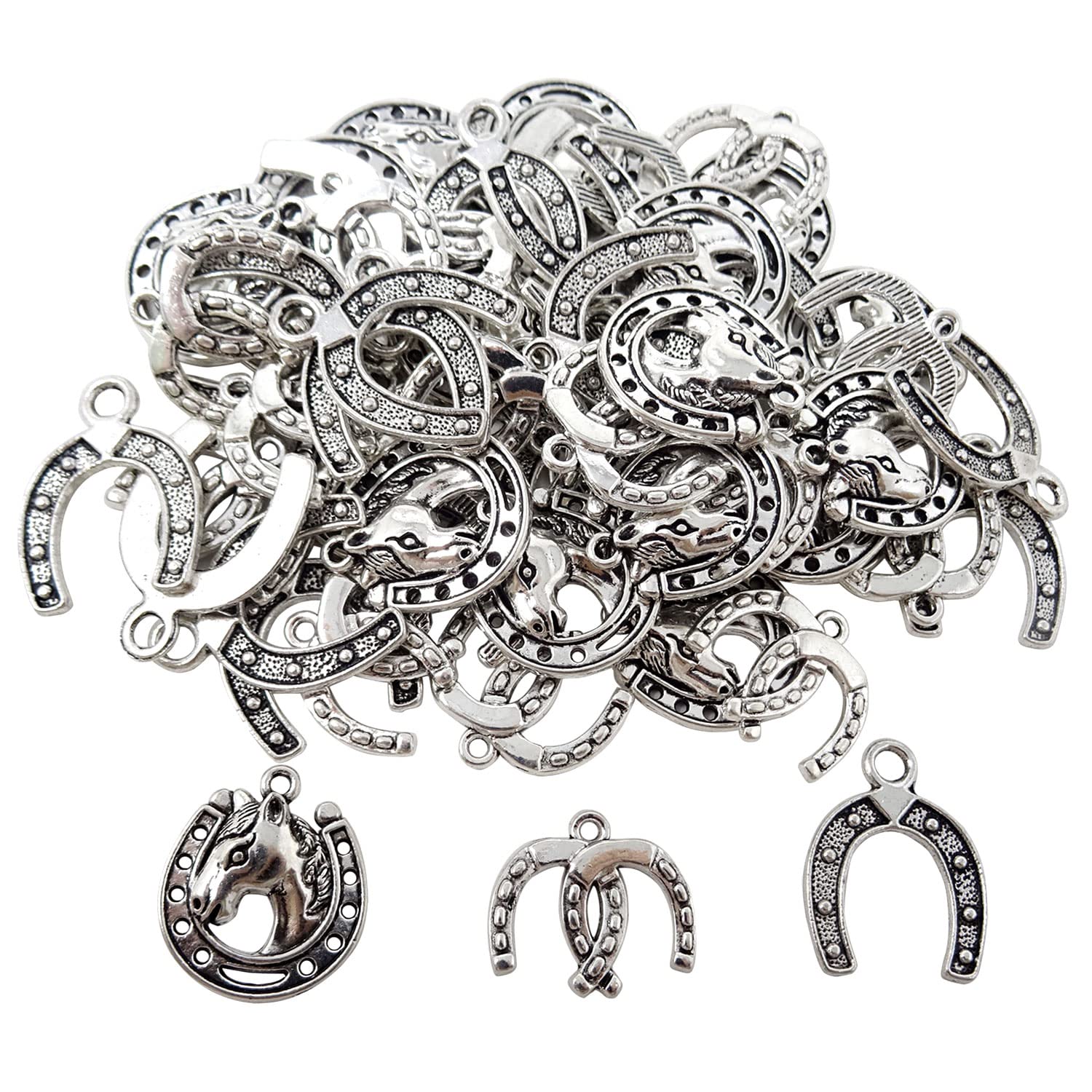 Honbay60PCS Antique Silver Alloy Horseshoe Charms Pendants Western Lucky Horseshoe Charms for Earrings Bracelet Necklace Jewelry Making (3 Style, 20 of Each)