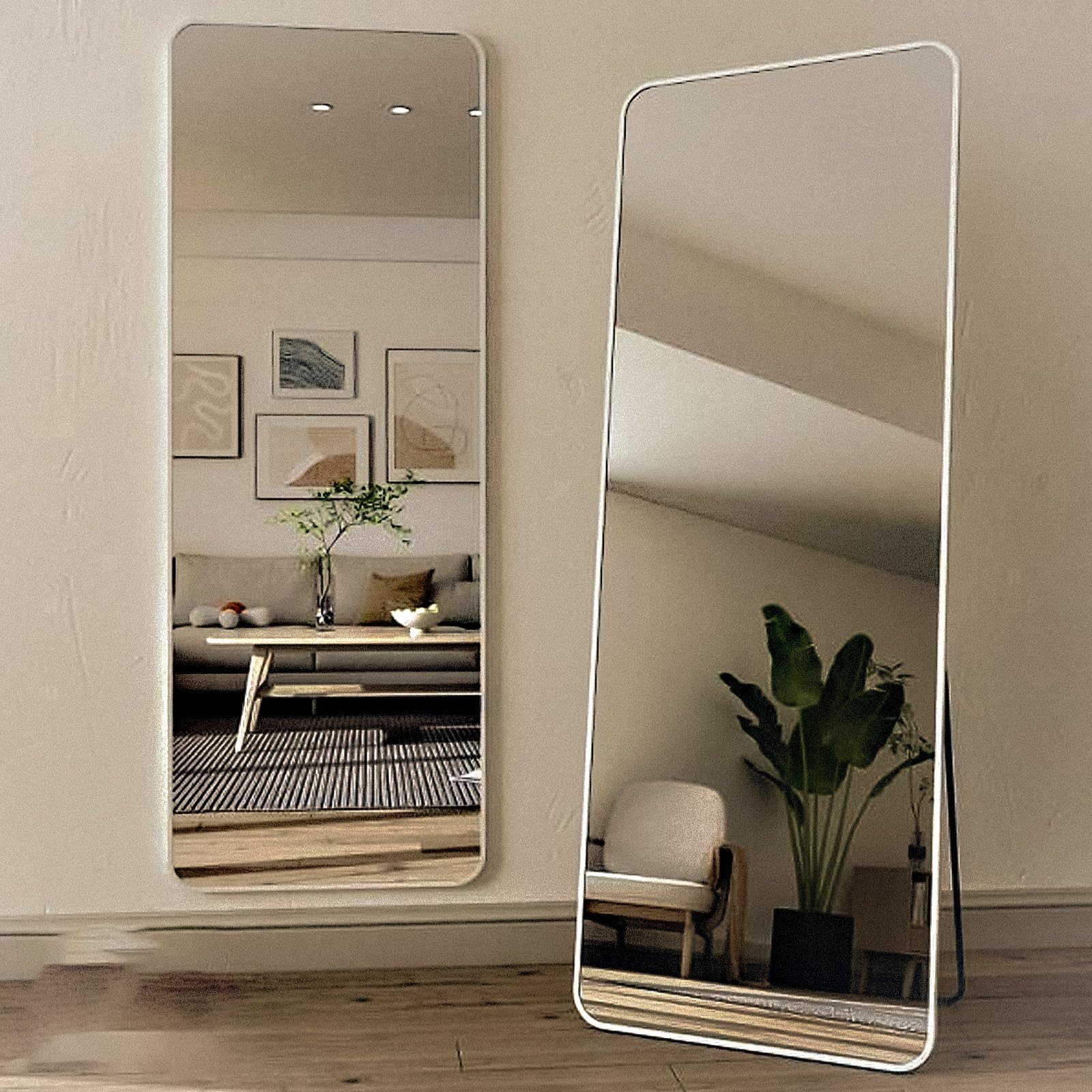 Full Length Mirror, 160x50cm Floor Mirror, Floor Standing Mirror Freestanding Full Body Mirror with Stand for Bedroom, Hanging Mounted Mirror for Living Room (White, 160x50cm (63"x19.7"))