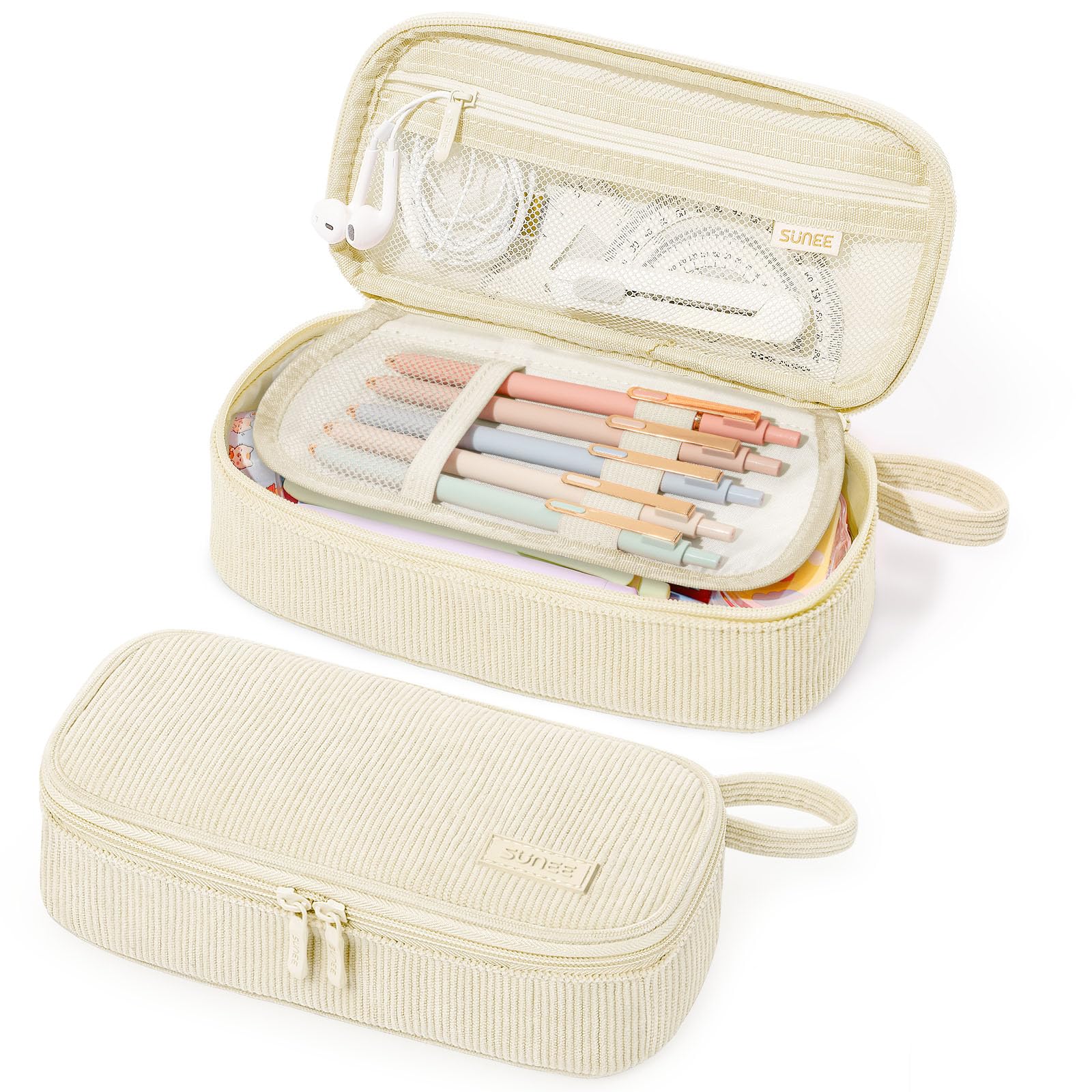 Photo 1 of SUNEE Cute Pencil Case, Soft Corduroy Large Capacity Pencil Pouch, Aesthetic Zipper Pencil Bag, Big Storage Pen Organizer for Stationery, Pencil Box Back to School Supplies for Teen Girls Boys, Beige