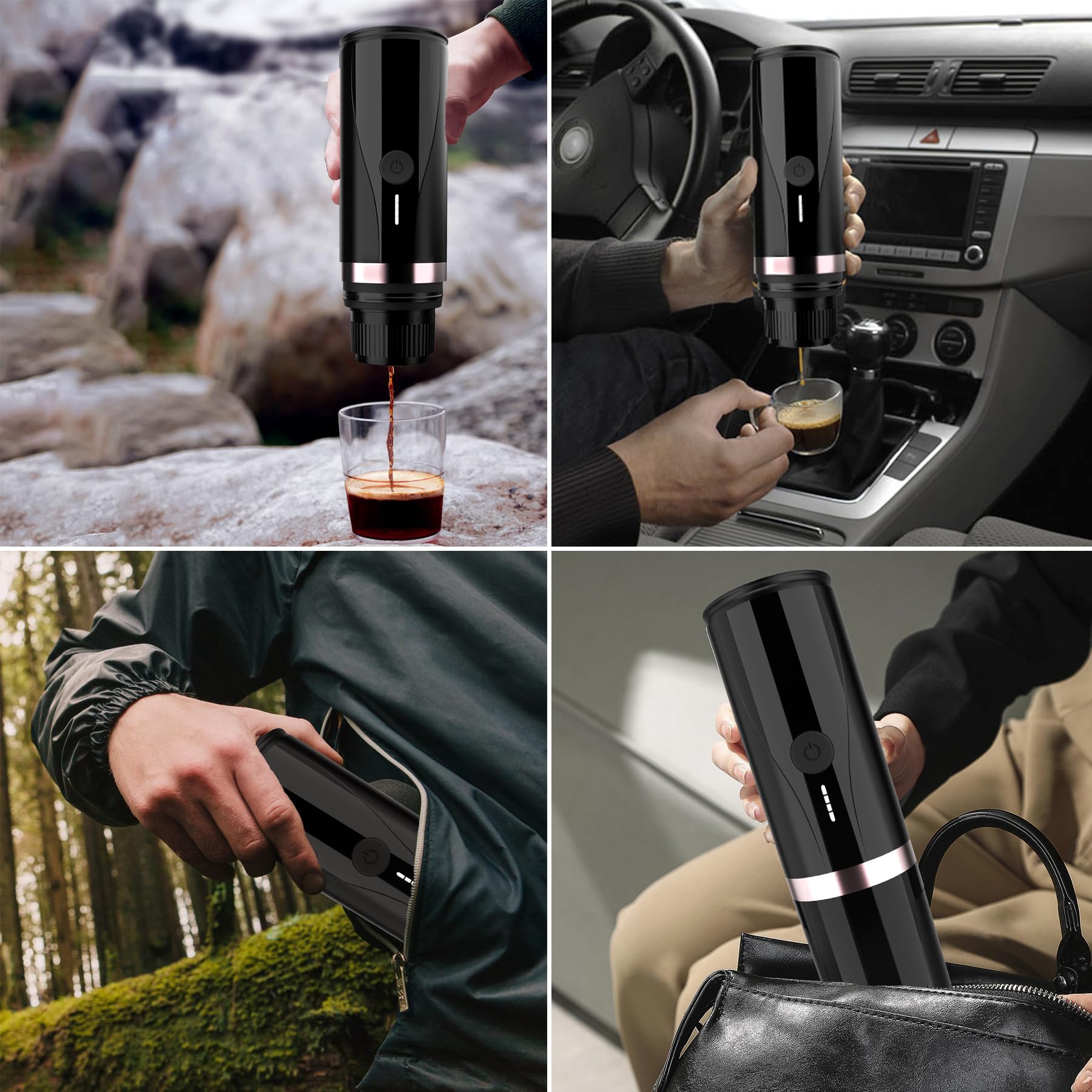 Máquina espresso portátil, cafetera eléctrica autocalentable, portátil, cafetera de 20 bar, mini 12 V, 24 V, con cápsulas NS y café molido para viajes, camping, oficina, hogar (negro)