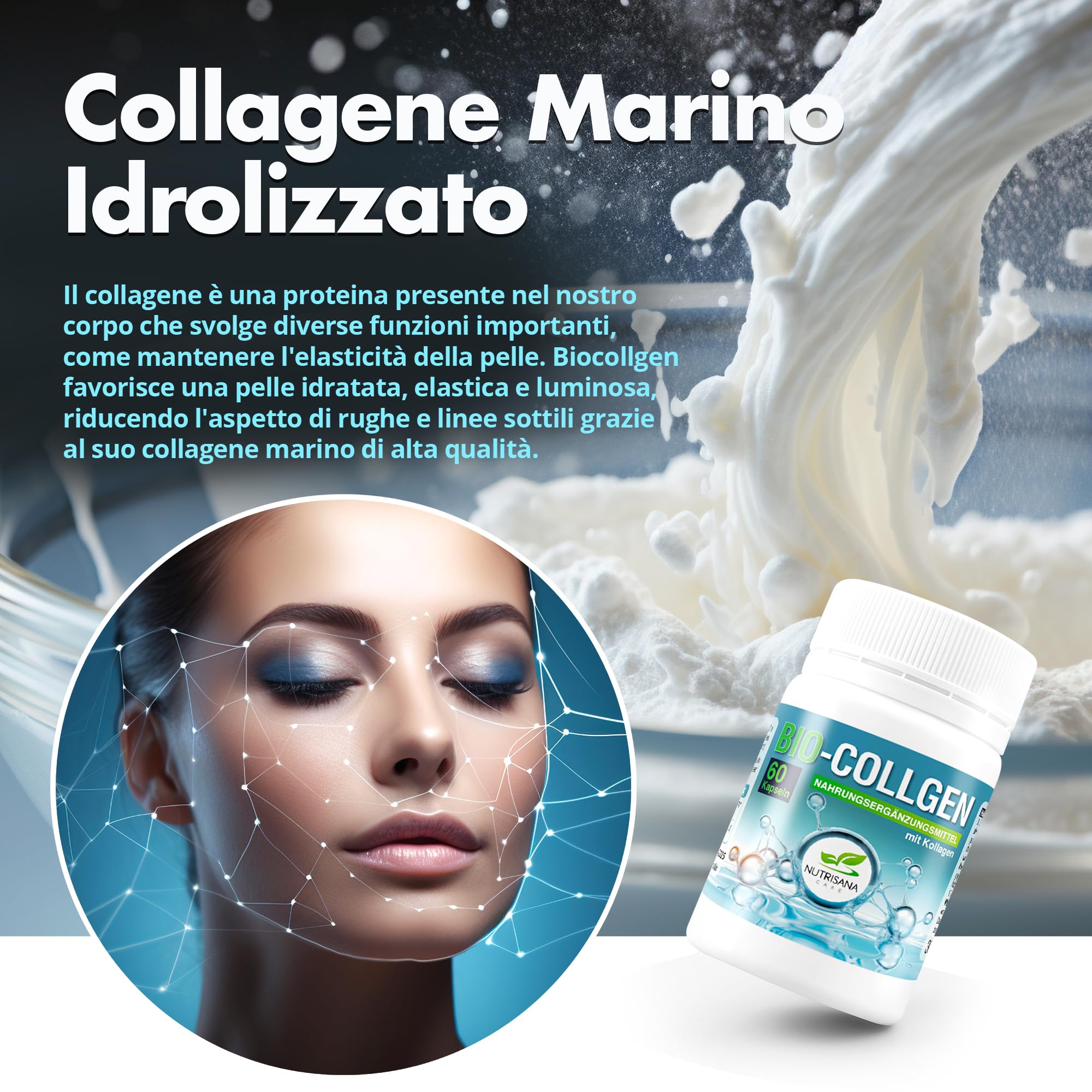 NUTRISANA | Capsules Bio Collgen - 60 gélules, collagène marin hydrolysé, traitement rajeunissant de la peau, apaisant, régénère les tissus/muscles/articulations