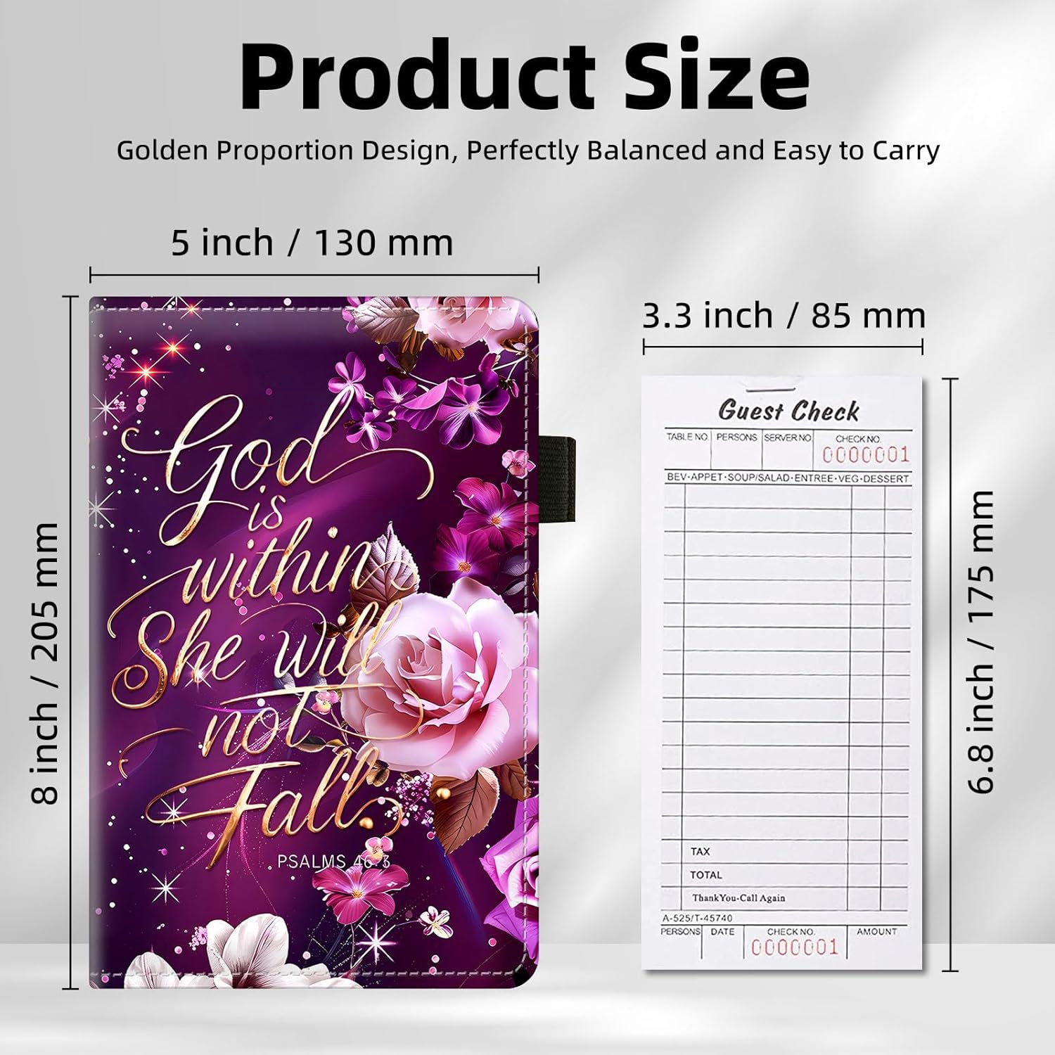 Server Books for Waitress with Zipper Pocket - PU Leather 8-Pocket Organizer (Checks/Cash/Cards), 5x8" Waitress Accessories for Hospitality Industry, Rose Bible Verses Design