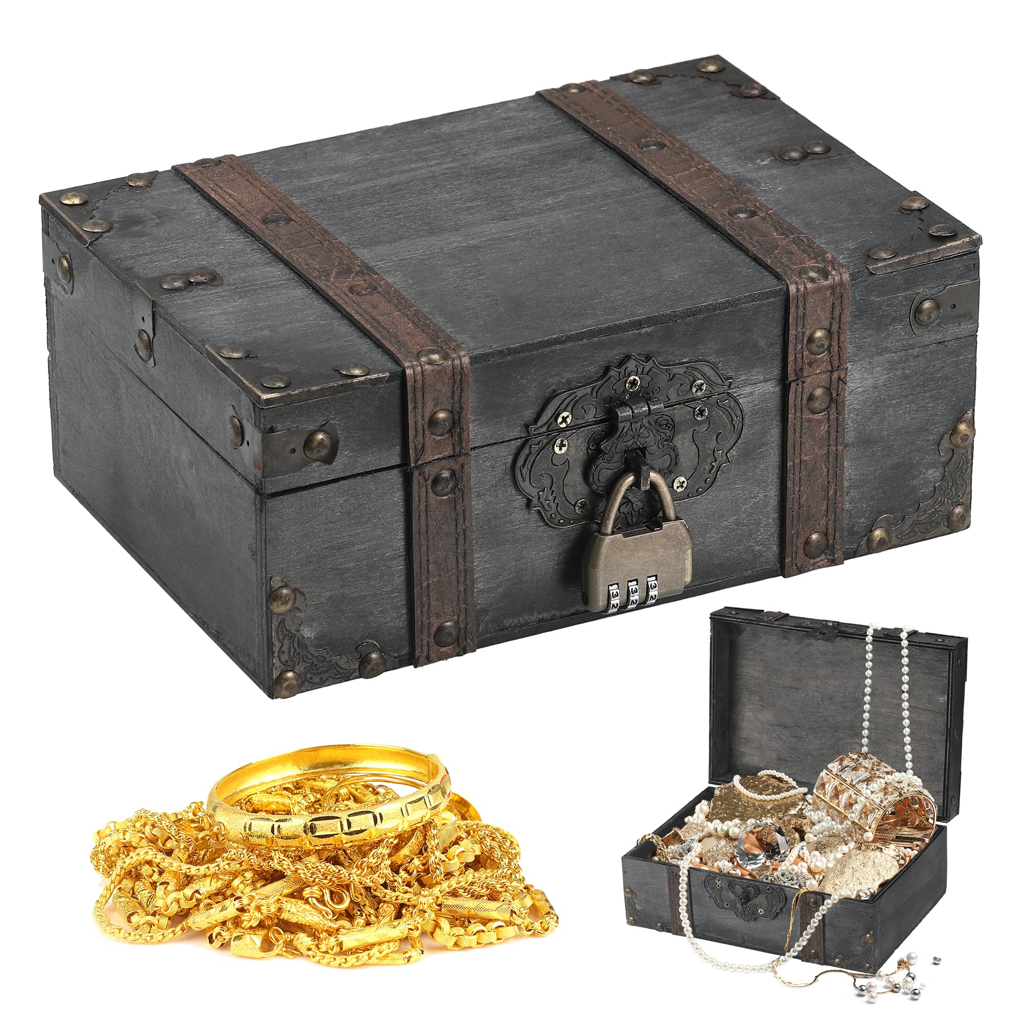 Coffre Au Trésor Pirate Enfant En Bois Vintage 23.5x16x10 Cm – Serrure à Combinaison, Décoration Et Rangement