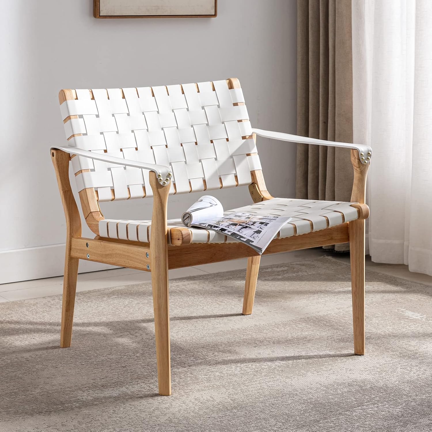Soohow Low Scandinavian Cognac Woven Leather Chair, Boho All Wood Oak Side Chair Midcentury Modern Accent Chairs for Living Room Bedroom Balcony Sunroom Chase Lounger Indoor White Faux Leather Natural