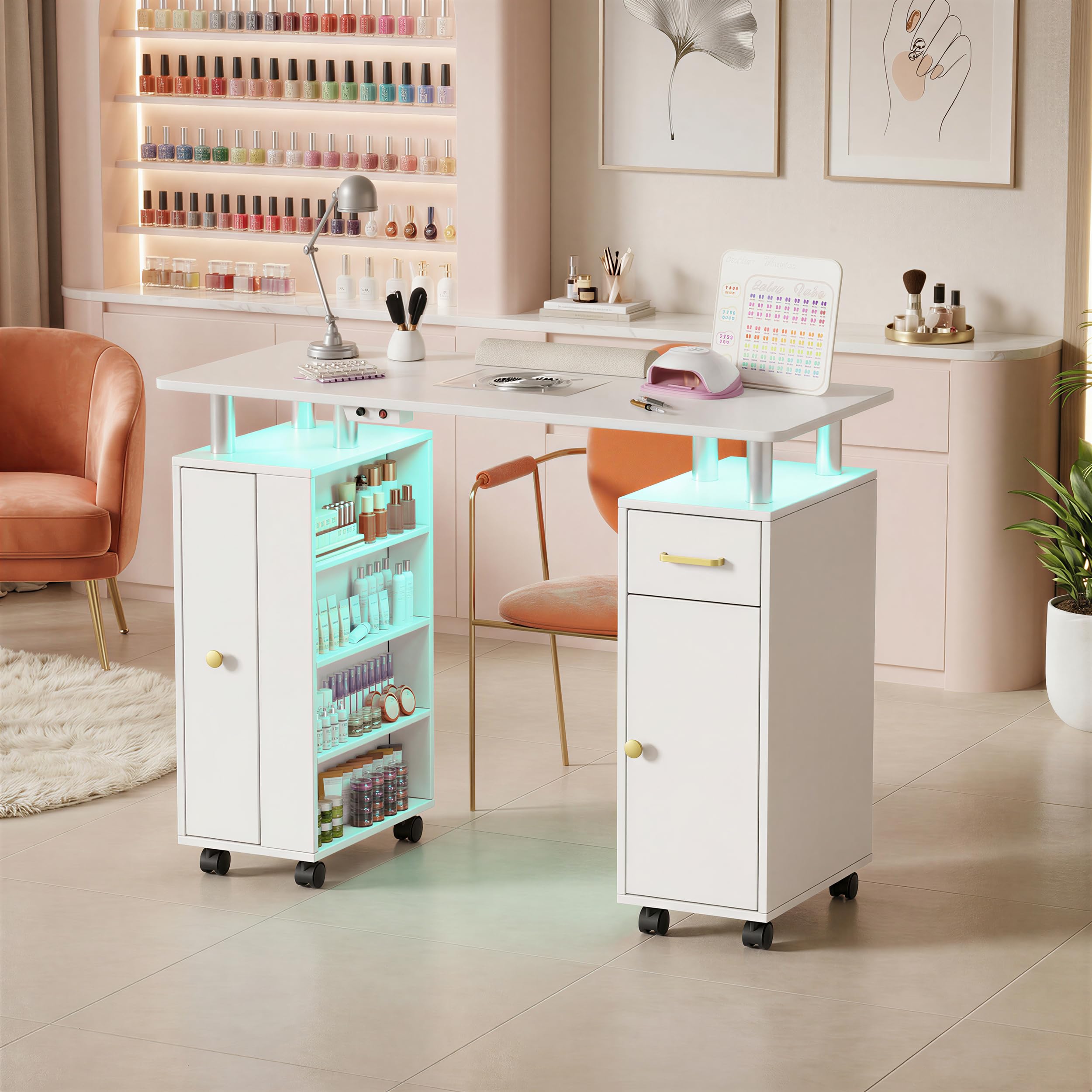 Mesa de uñas con extracción de polvo, mesa de manicura profesional para diseño de uñas, mesa estable con luces LED, 1 armario vertical y estante abierto, 2 bolsas de aspiradora