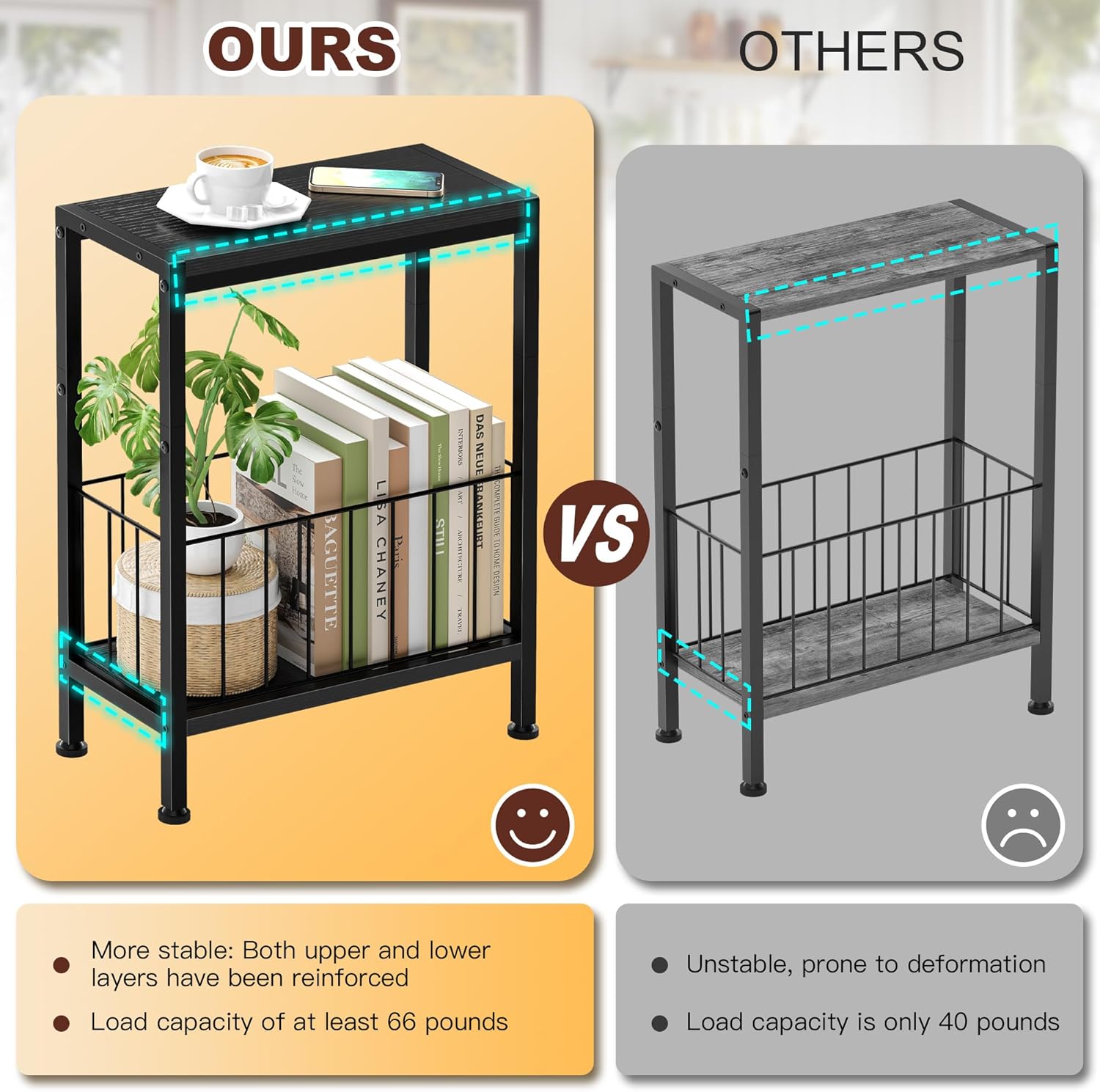 Narrow Side Table, Skinny End Tables with Magazine Holder, Small Sofa Table for Small Spaces, Space-Saving Design, Slim Nightstand Bedside Table for Living Room, Bedroom, Office, Black