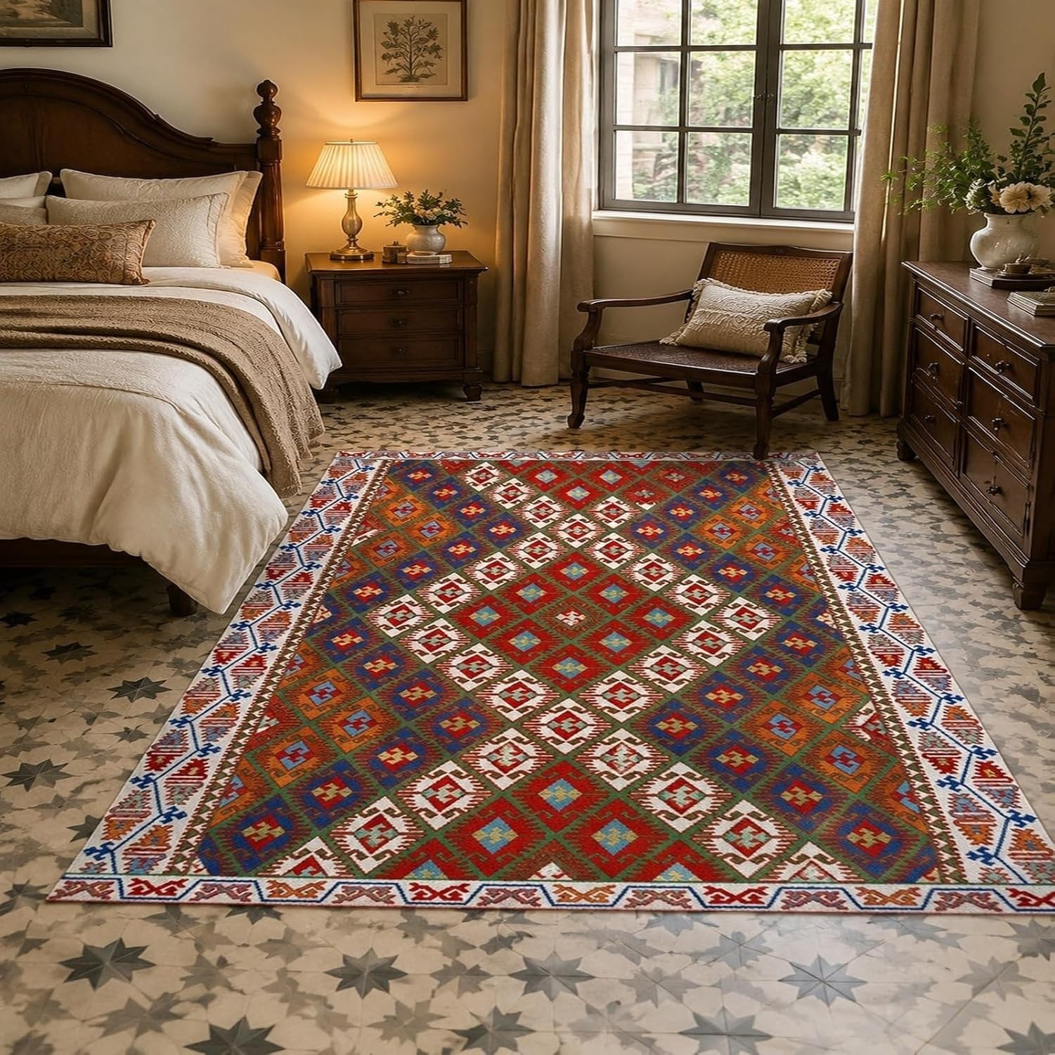 Tapis Carré Lavable Vintage Motif, Rouge, 110x160 cm (Rectangulaire)