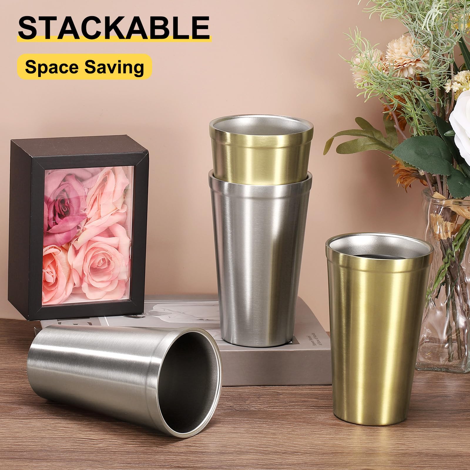 QUARKZMAN 4 Pezzi Tazza In Acciaio Inossidabile 15Oz Tazza Da Viaggio Doppia Parete Per Tè Caffè Bicchiere Termico Campeggio Riutilizzabile Per Latte Succo Bevande Fredde (Oro)