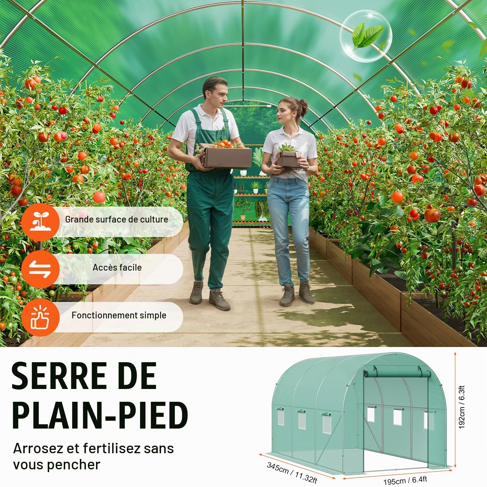 VEVOR Serre Tunnel Jardin, 345x195x192 cm, Tente Abri Plantes avec Cadre en Acier Galvanisé, Couverture en PE Verte, Porte à Glissière Enroulable, 6 Fenêtres, pour Extérieur Cultiver Légumes Fleurs