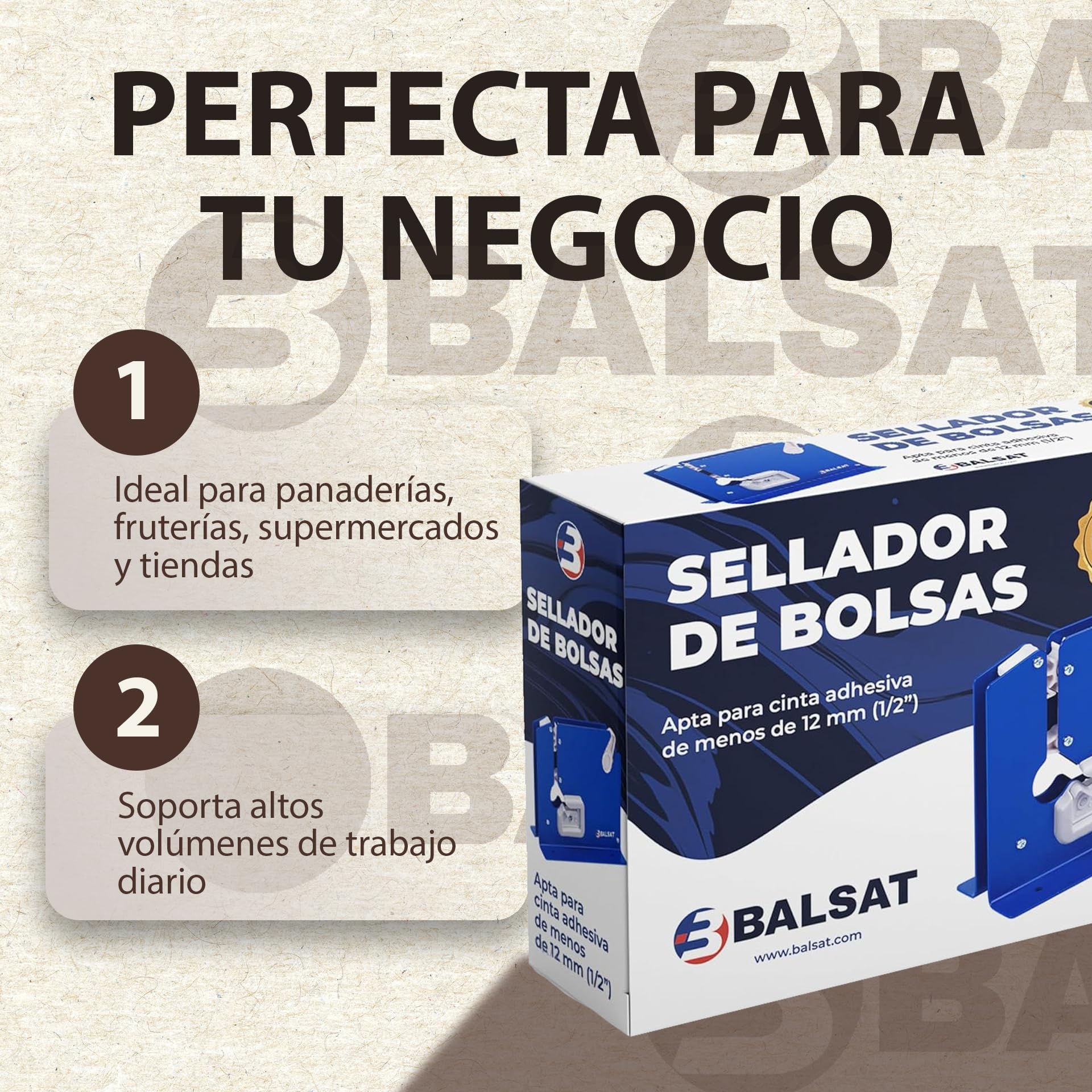 BALSAT Máquina Cierra Bolsas Precintadora de Bolsa Azul Lacada + 6 Rollos Rojos | Sellador de Bolsas de Plástico Manual | Compatible con Cintas Adhesivas de 12 mm an | Metálica, Robusta y Precisa
