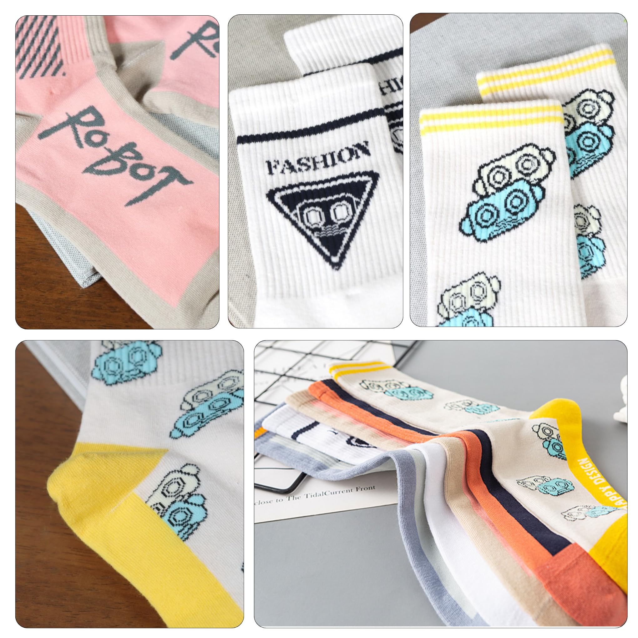 Jumplings Korean or Japanese college-style crew socks, playful robot and cartoon-themed sports and casual fashion socks. Pack of 5 1