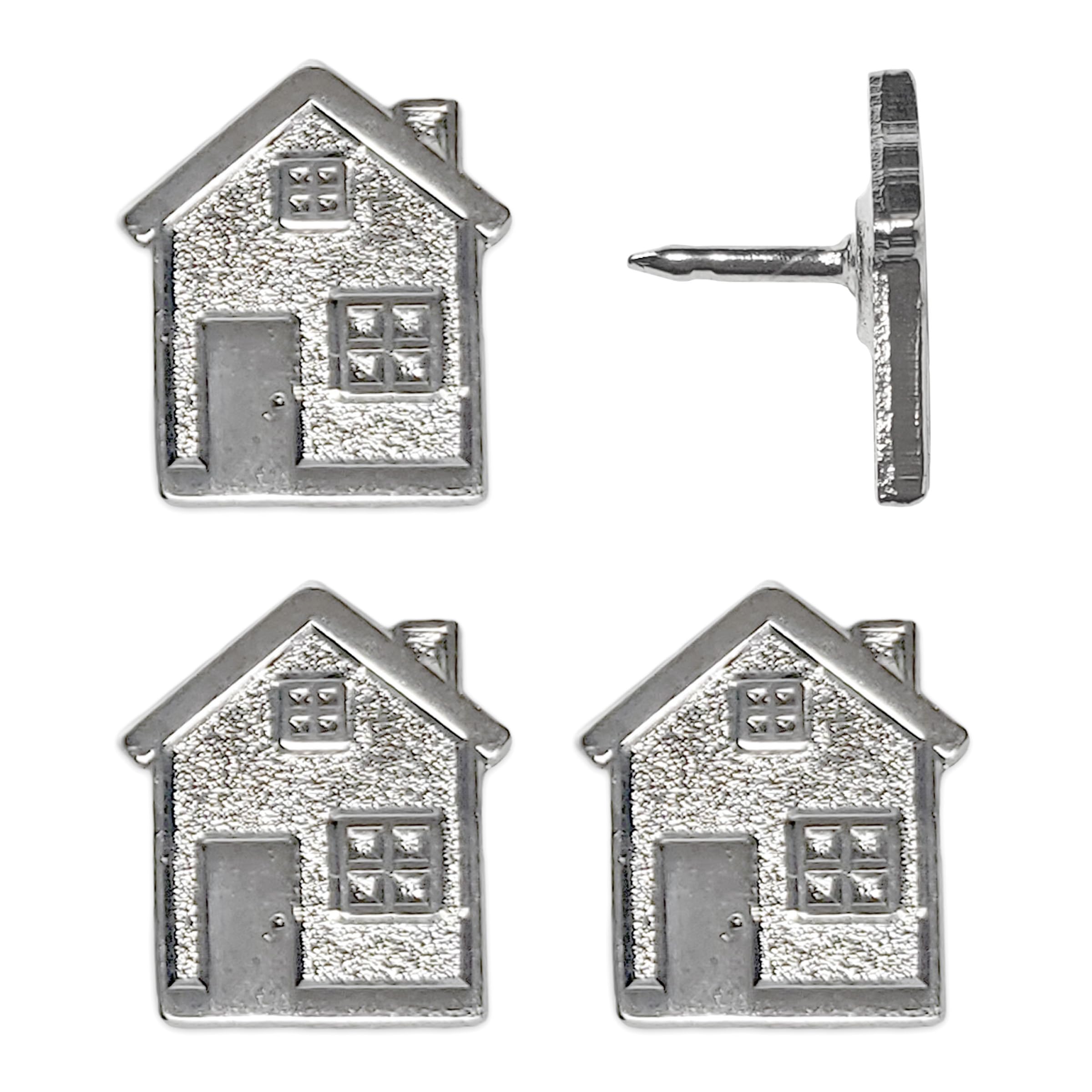 Big House Push Pins - Silver Metal Home Pins - for Cork Board, Maps, or Lapel Pin Use - Designed in USA - Set of 4