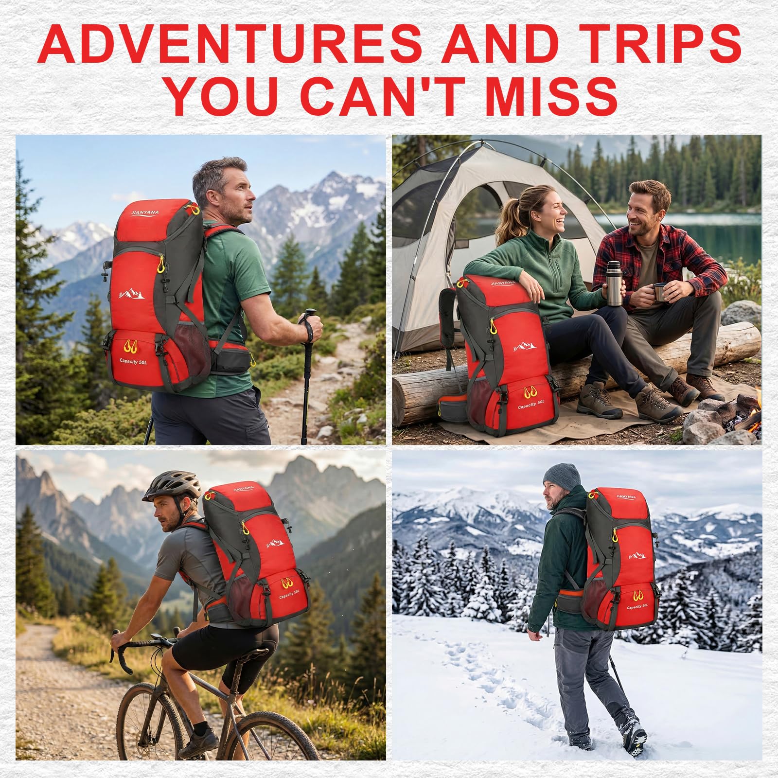 jianyana Sac à Dos de Randonnée 50L Homme Femme, Sac à Dos Trekking Voyages avec Housse de Pluie, Imperméable Sac à Dos pour Camping Alpinisme Voyages Plein Air Sports