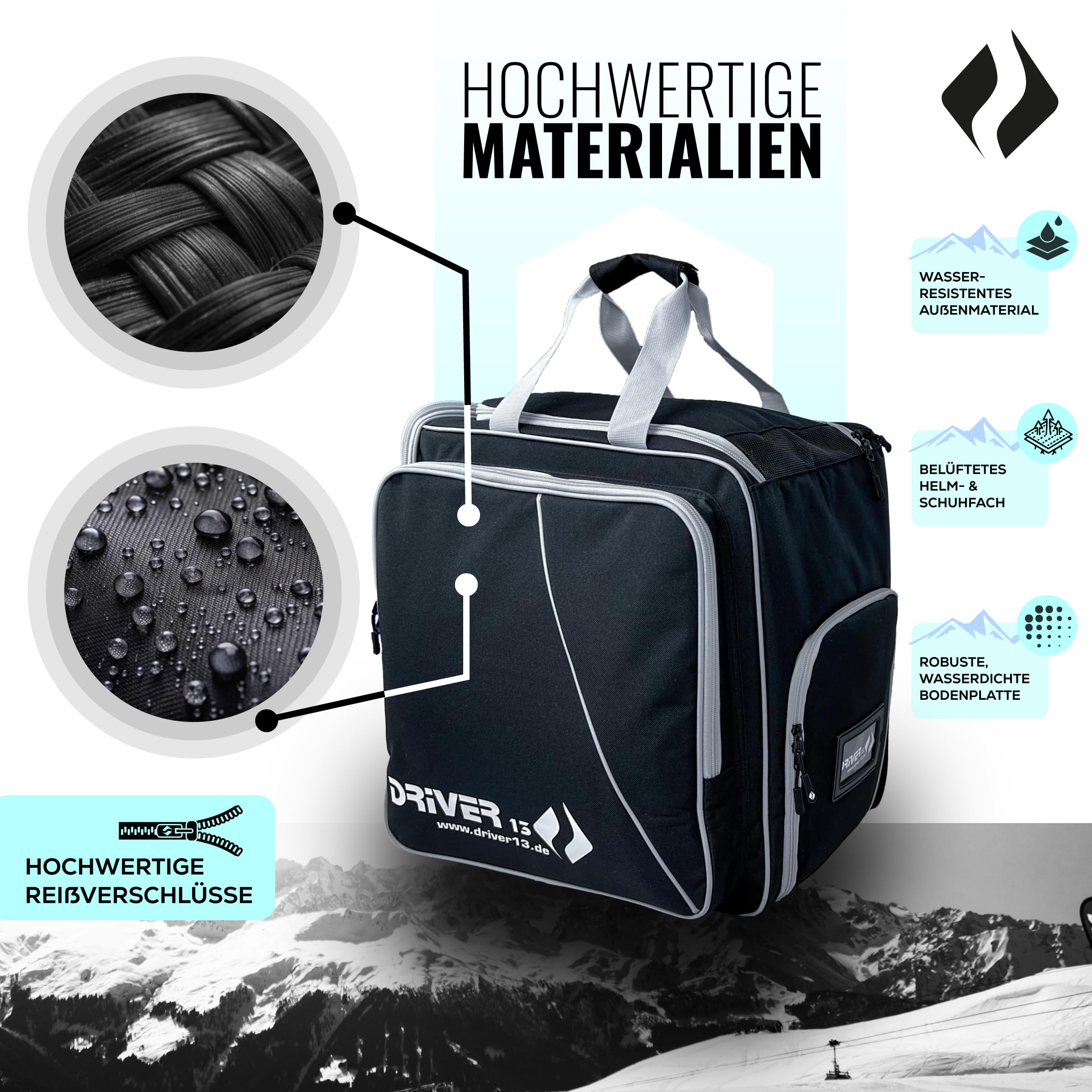 Driver13 ® Mochila para Botas de esquí con Compartimento para Casco + Mochila para Reloj de esquí con Compartimento para Casco para Botas duras + de Snowboard + inliner + Bolsa para Botas Negro-Gris