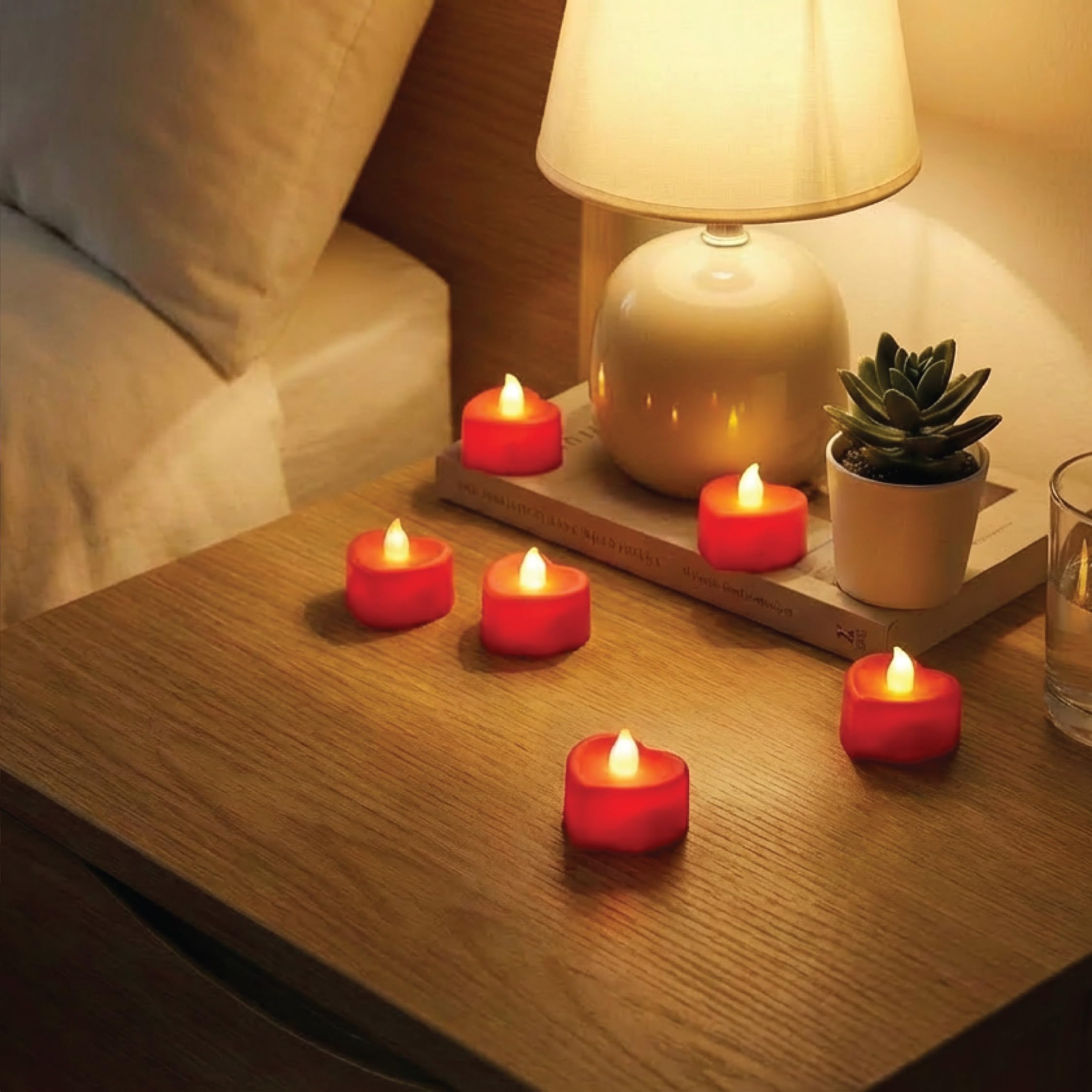 LABZIO Flameless LED Tea Light Candles | Decorative Flickering Diya Lights for Diwali, Wedding & Home Décor | Plastic Body (Red LED Heart Shape Flameless Tea Light, Pack of 6) 1
