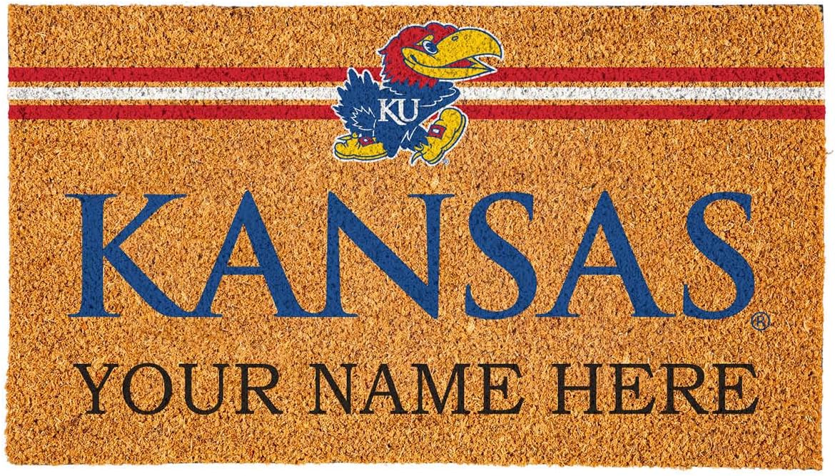 Team Sports America NCAA University of Kansas College Personalized Coir Door Mat, 18 x 30 Inches Custom Name Doormat, Front Door Welcome Mats