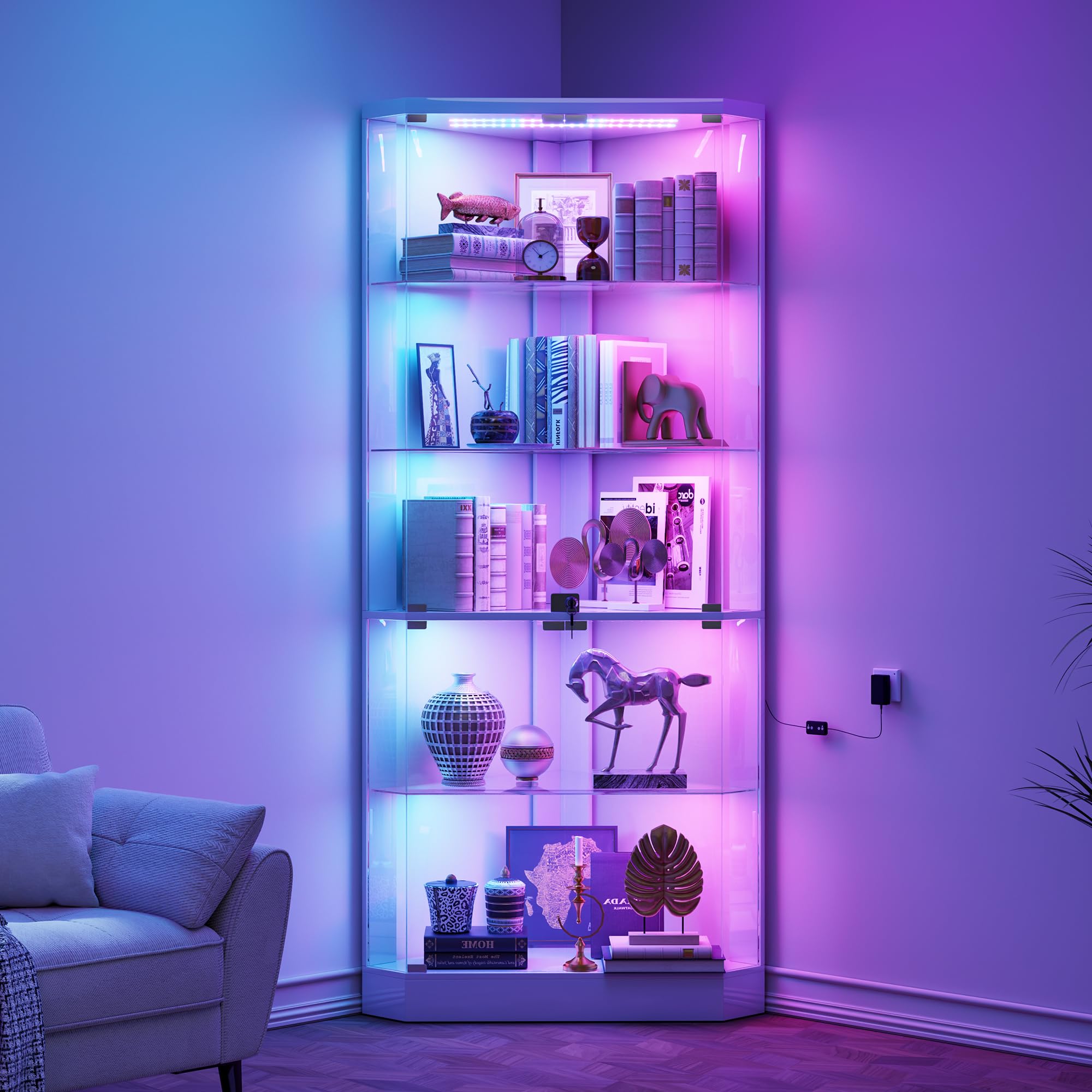 Lvifur 175cm 5-Lagen Eckvitrine mit Menschlicher Sensor & Glastüren
