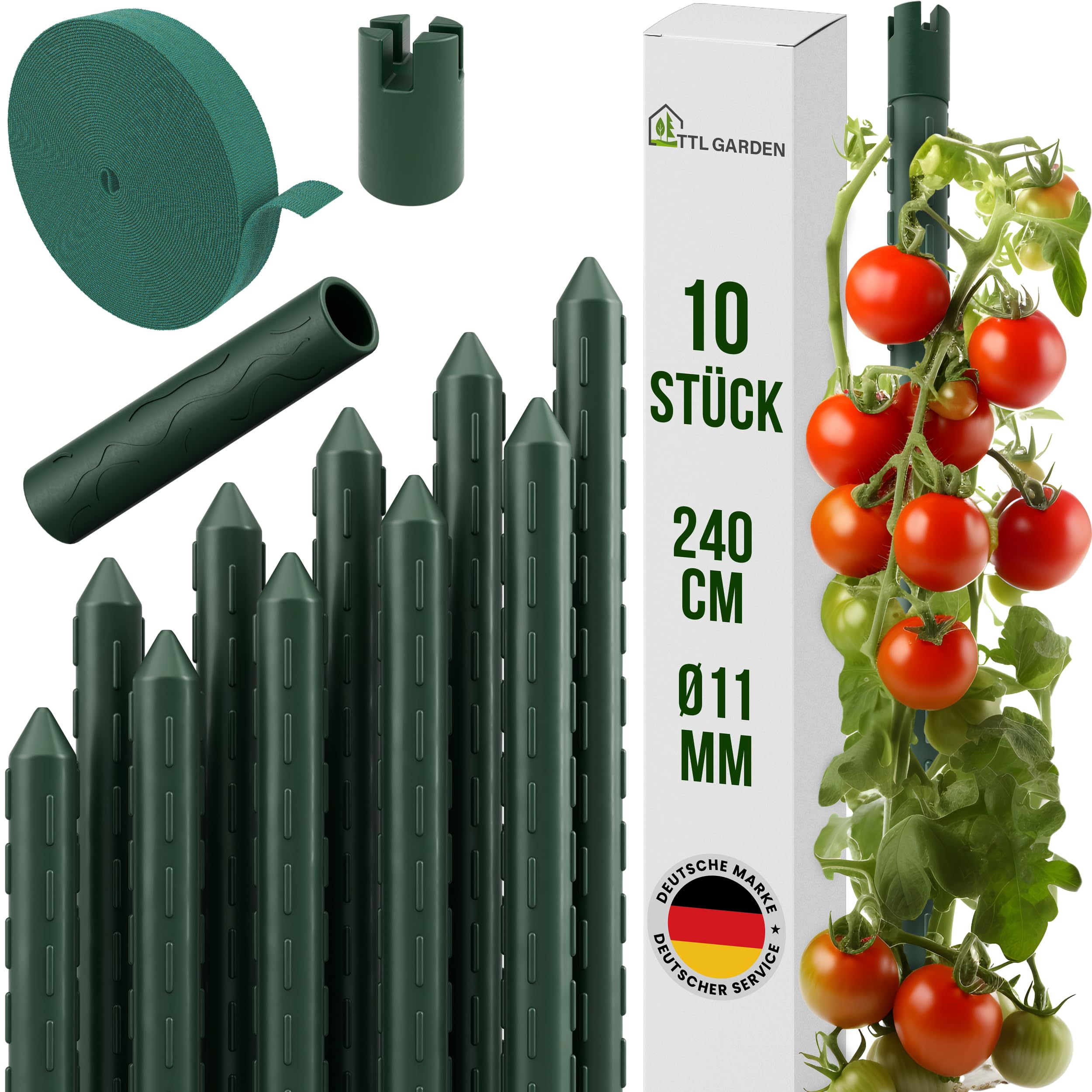 TTL GARDEN Lot de 10 tuteurs 240 cm x 11 mm de diamètre - Vert - Tuteurs + bande Velcro - En acier inoxydable revêtu de plastique - Support pour plantes - Pour tomates, poivrons, concombres, haricots