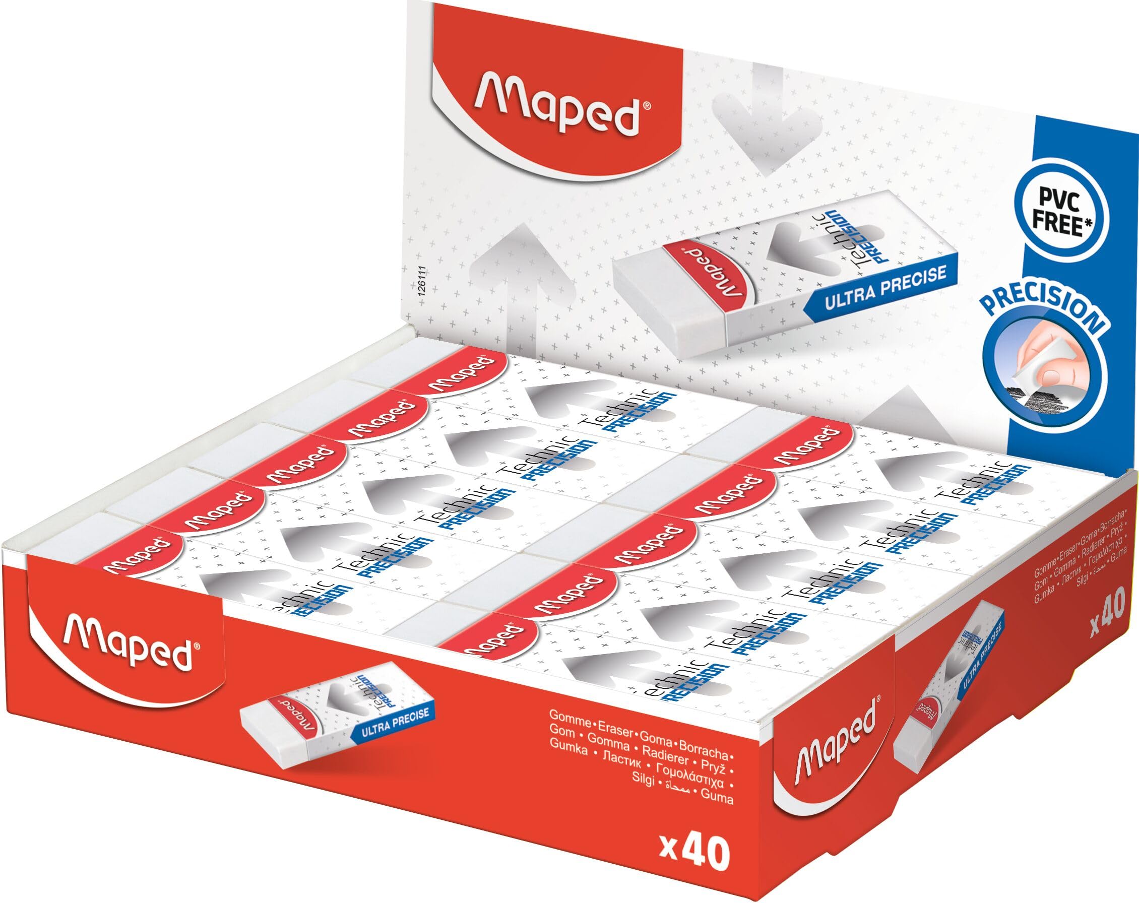 Maped - Display of 40 Technic Precision Erasers - Ultra Precise Eraser for Perfect Erasing - Cardboard Sheath - Cellophane Wrapped - Thin and efficient Format - 22.8mm x 6mm x 61mm