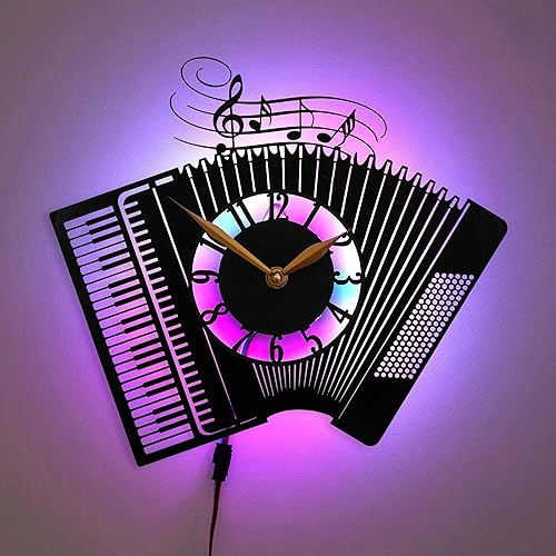 Miniatura 2 de Reloj de pared de acordeón, decoración de instrumentos musicales, para amantes de la música, elegante diseño de notas musicales, negro (disco de