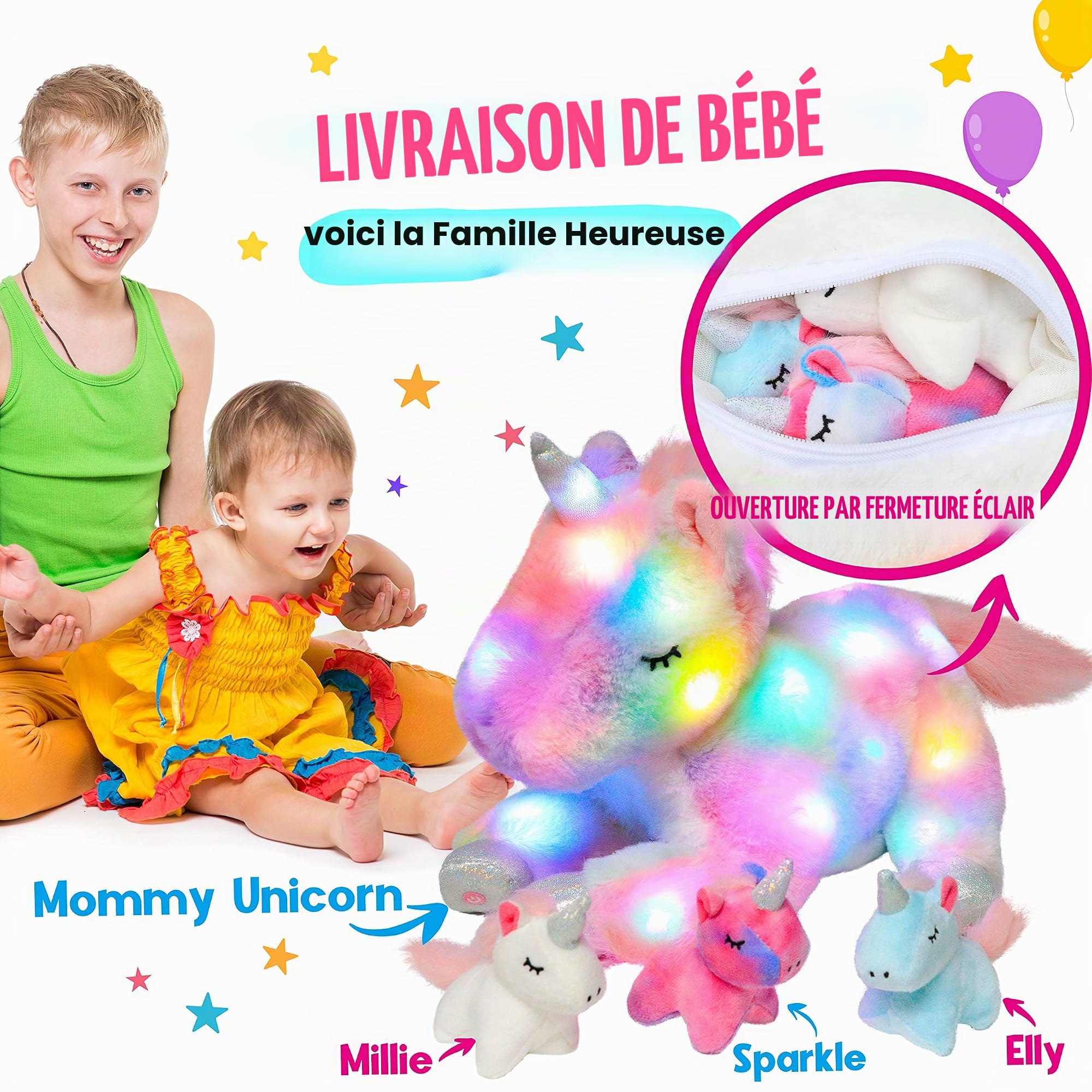 Hopearl Licorne Maman Musicale Peluche Lumineuse LED Qui Chante avec 3 Bébés Licornes dans Son Ventre Veilleuse Animée Apaisante - Cadeau Fête des Mères Filles, Arc-en-Ciel, 48cm