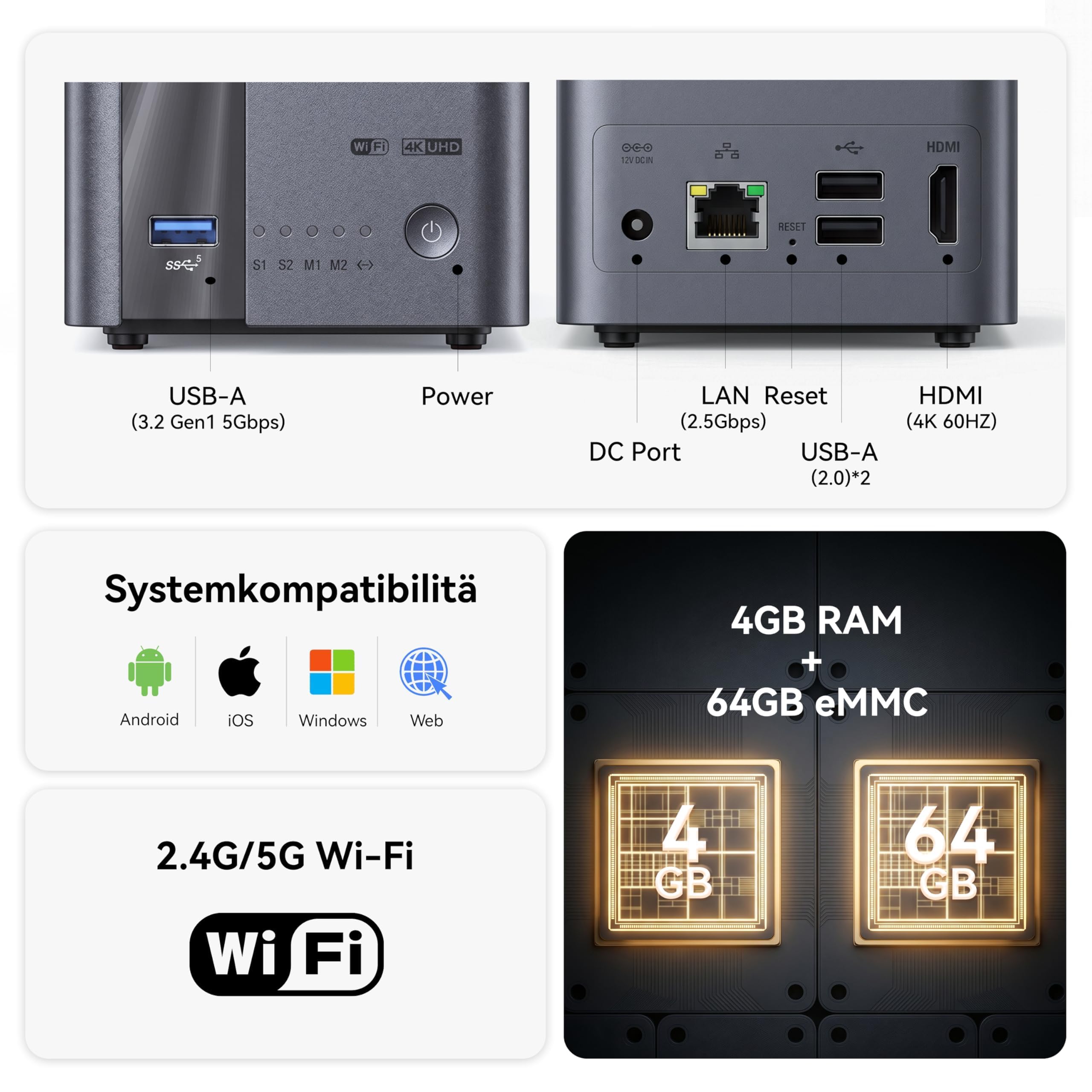 LincStation E1 4-Bay NAS Speicher, 4GB RAM, 64GB eMMC, 2.5GbE Port, Quad-Core, HDMI 2.0 für 4K Mediaserver, Unterstützt NVMe SSD & SATA HDD bis zu 76TB, für iOS/Android/Windows (Ohne Festplatten)