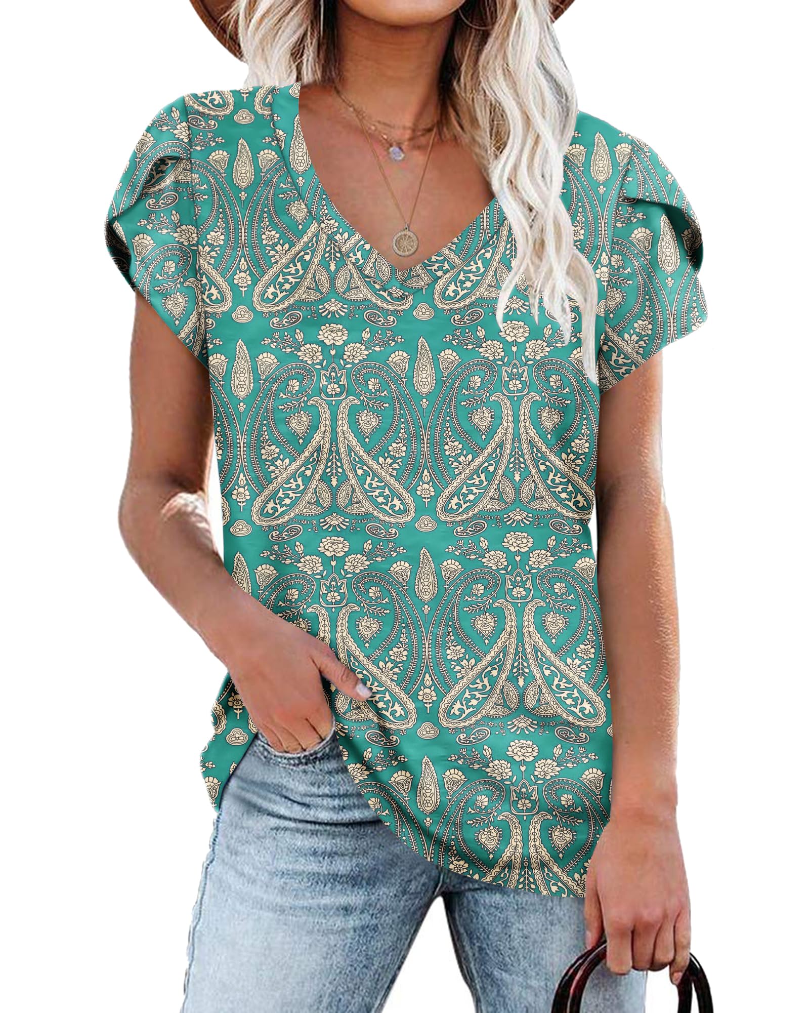 NARRAME Camiseta de Mujer con Cuello en V y Mangas de pétalos Tops de Verano Ocio Manga Corta Tops de Playa