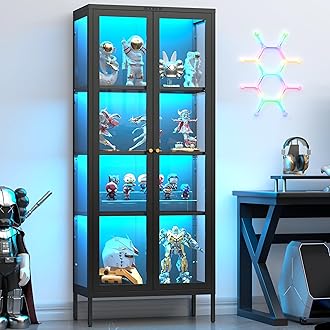 Display Cabinet with Glass Doors, Glass Display Cabinet with 8 Color LED Lights, Curio Display Cabinet with 3 Shelves for Living Room, Plant, Display Shelf, Assembly Required, Black