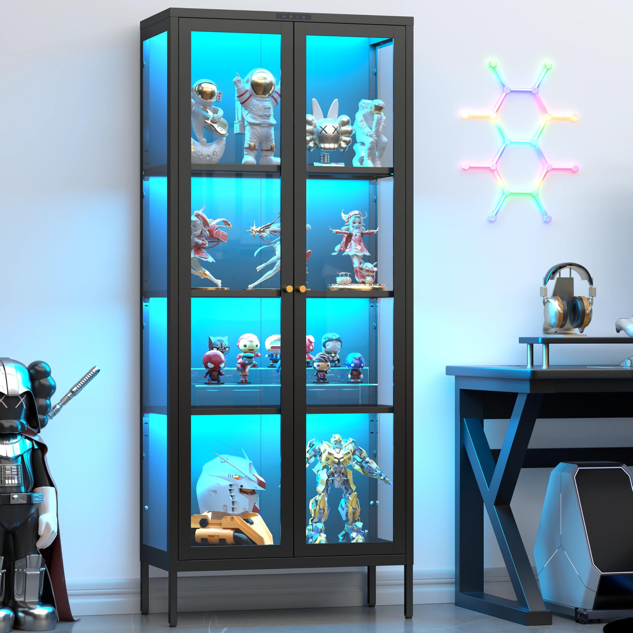 Display Cabinet with Glass Doors, Glass Display Cabinet with 8 Color LED Lights, Curio Display Cabinet with 3 Shelves for Living Room, Plant, Display Shelf, Assembly Required, Black