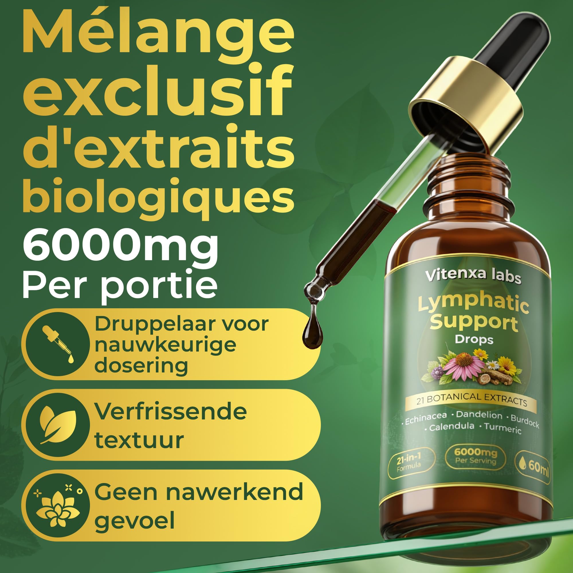 Gouttes pour le système drainage lymphatique- Extrait d'un mélange botanique 21 en 1 - Favorise l'équilibre, le bien-être et le système immunitaire - 100% naturel - Sans OGM - 60 ml