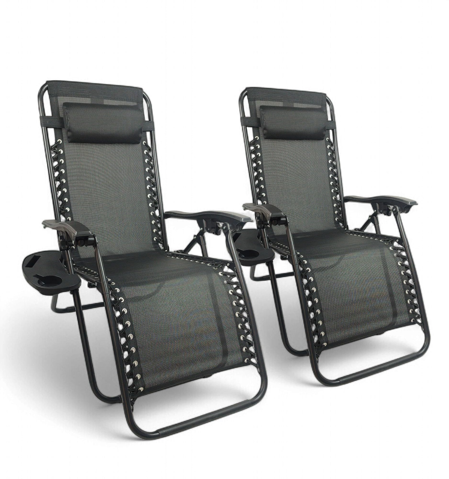 Pincho Outdoor Folding Zero Gravity Garden Lounger – Pack of 2 Reclining Chairs or Hammocks for Beach, Terrace and Camping with Cup Holder, Lightweight and Comfortable (Black)