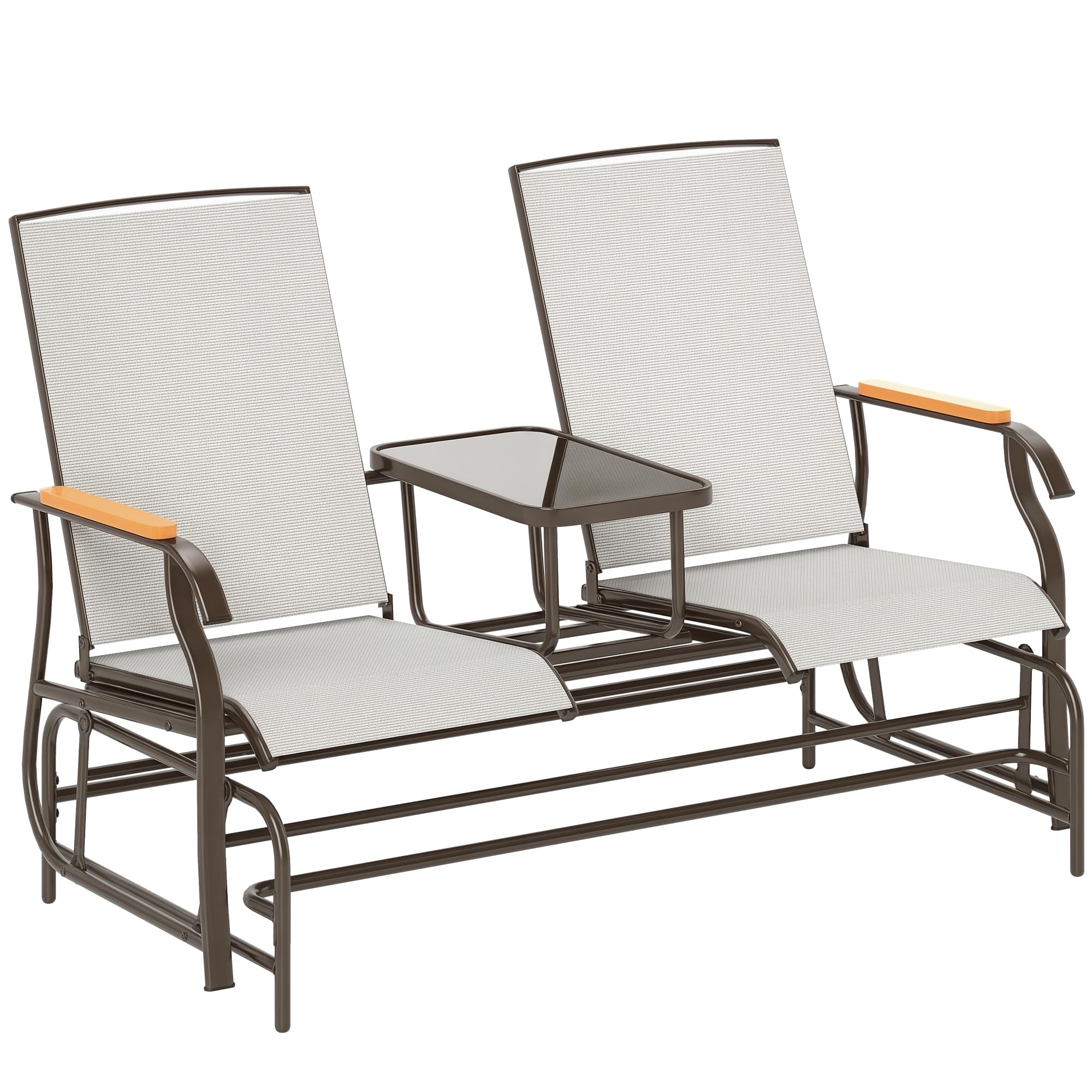 Outsunny Person Outdoor Glider Bench, Patio Swing Glider Chair Loveseat  with Breathable Mesh, Table, Steel Frame for Garden, Backyard, Porch, Cream