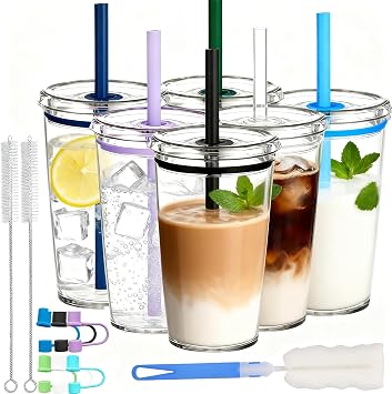 Clear Tumbler Cup, 16 oz Plastic Iced Coffee Cup with Lid and Straw, 6 Pack, Reusable and Dishwasher Safe, for Gatherings and Outdoor Adventures 6, Solid Color