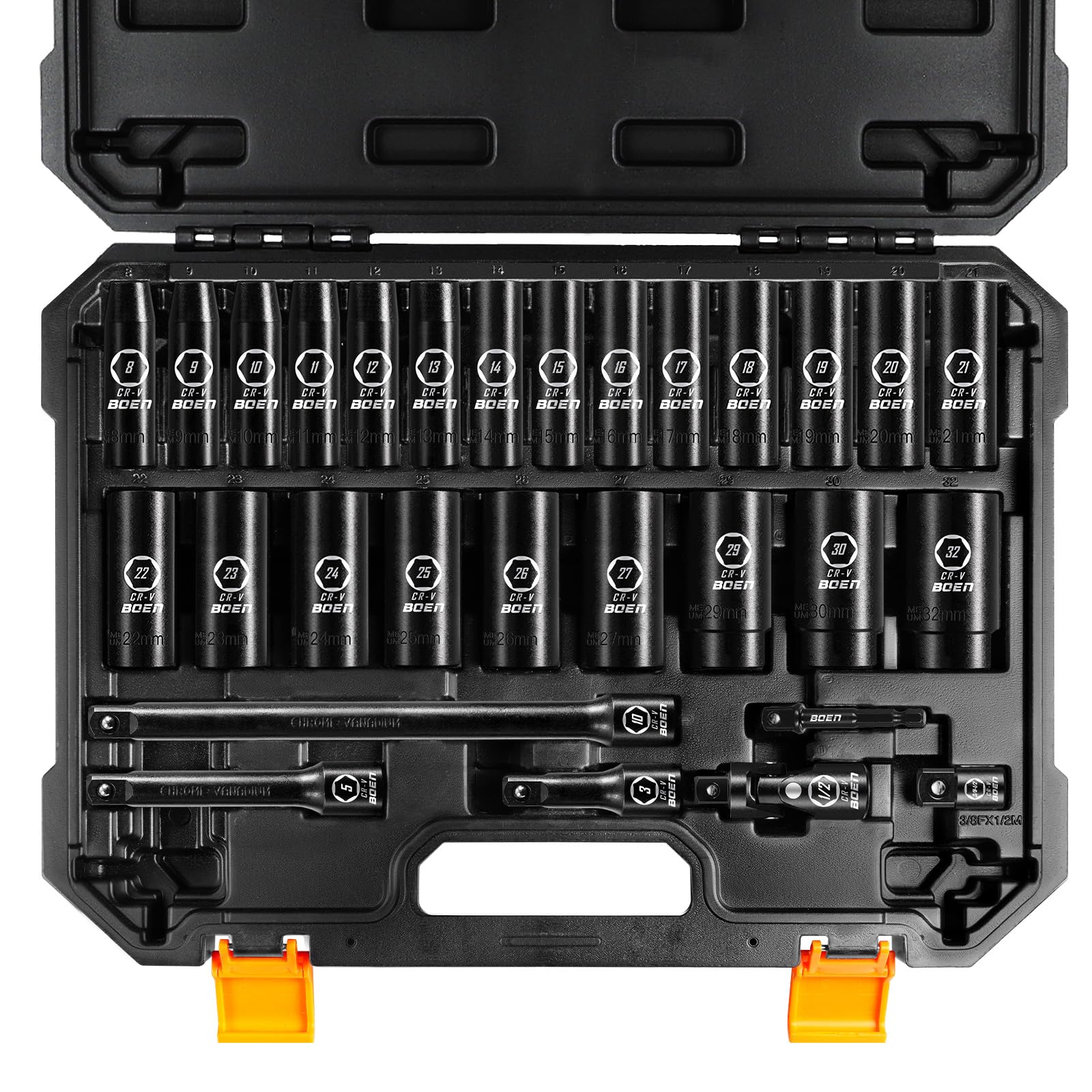 boen 29PCS 1/2” Drive Metric Socket Set, Impact Deep Socket(8mm-32mm), 6 Point Lug Nut Socket for Auto Repair with Portable Case, CR-V Steel