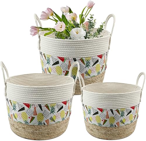 Waven - Cesta de almacenamiento, paquete de 3 cestas redondas para ropa sucia con asas para organizar, cajas de almacenamiento para mantas,