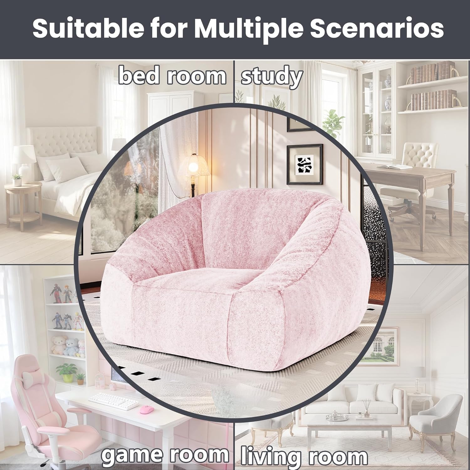 Bean Bag Chairs for Adults, Giant Beanbag Sofa Comfy Reading Chair, Oversized Bean Bag Chairs for Living Room Bedroom, Soft Faux Fur Fabric, 3.2FT, Pink, Plush - Image 7