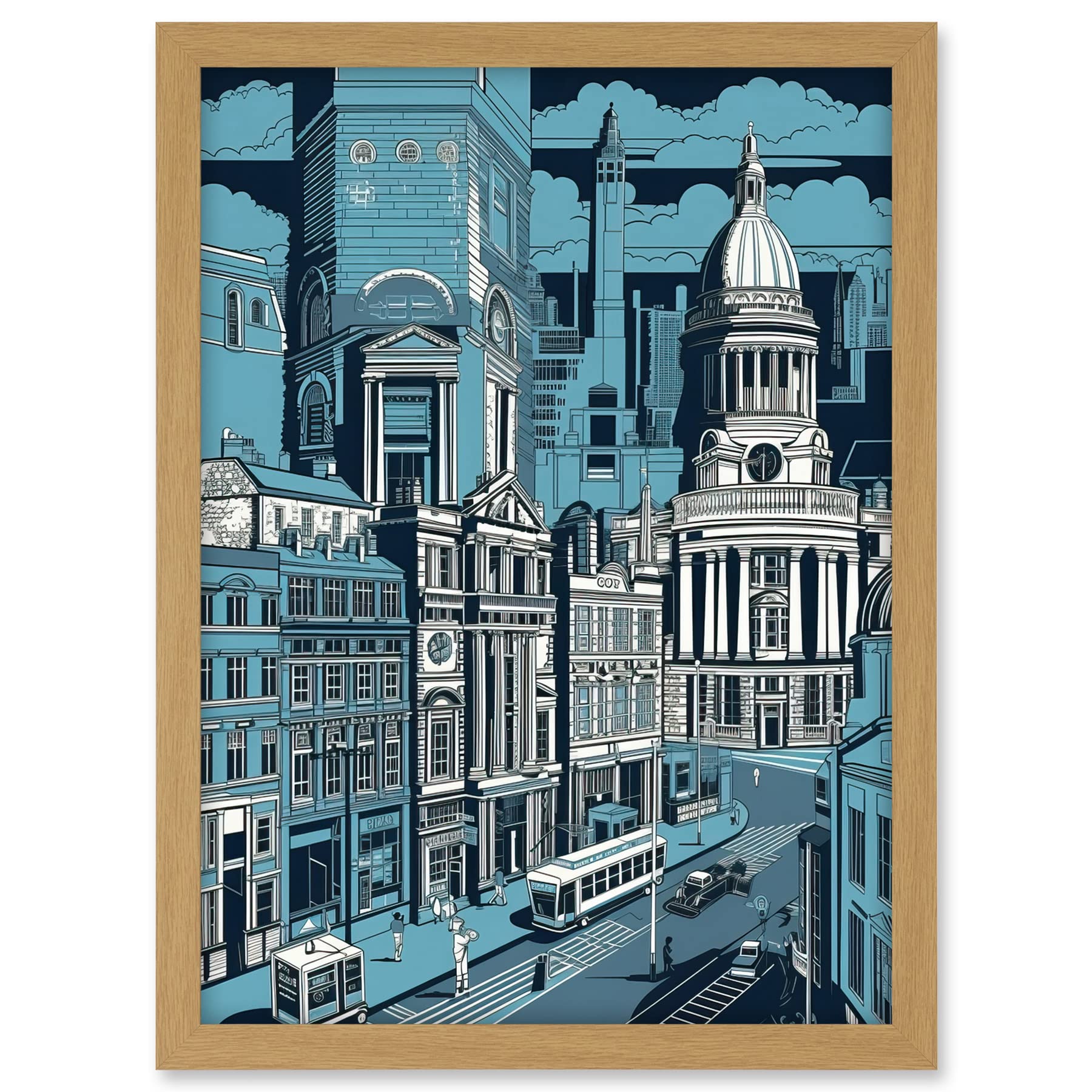Artery8 Belfast Cityscape City Centre Hall Linocut Style Artwork Framed A3 Wall Art Print