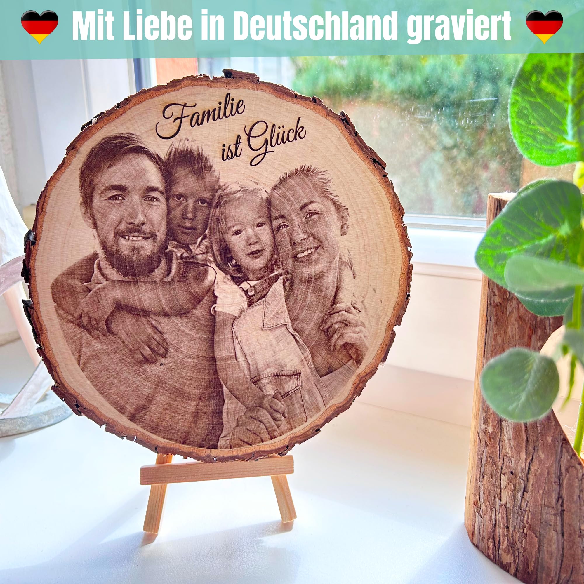 Manevito Personalisierte Baumscheibe mit Gravur - Fotogravur - Fotogeschenke - Personalisierte Geschenke - Geburtstagsgeschenke - Geschenk mit Foto - Inkl. Ständer - Hochzeitsgeschenke für Brautpaar