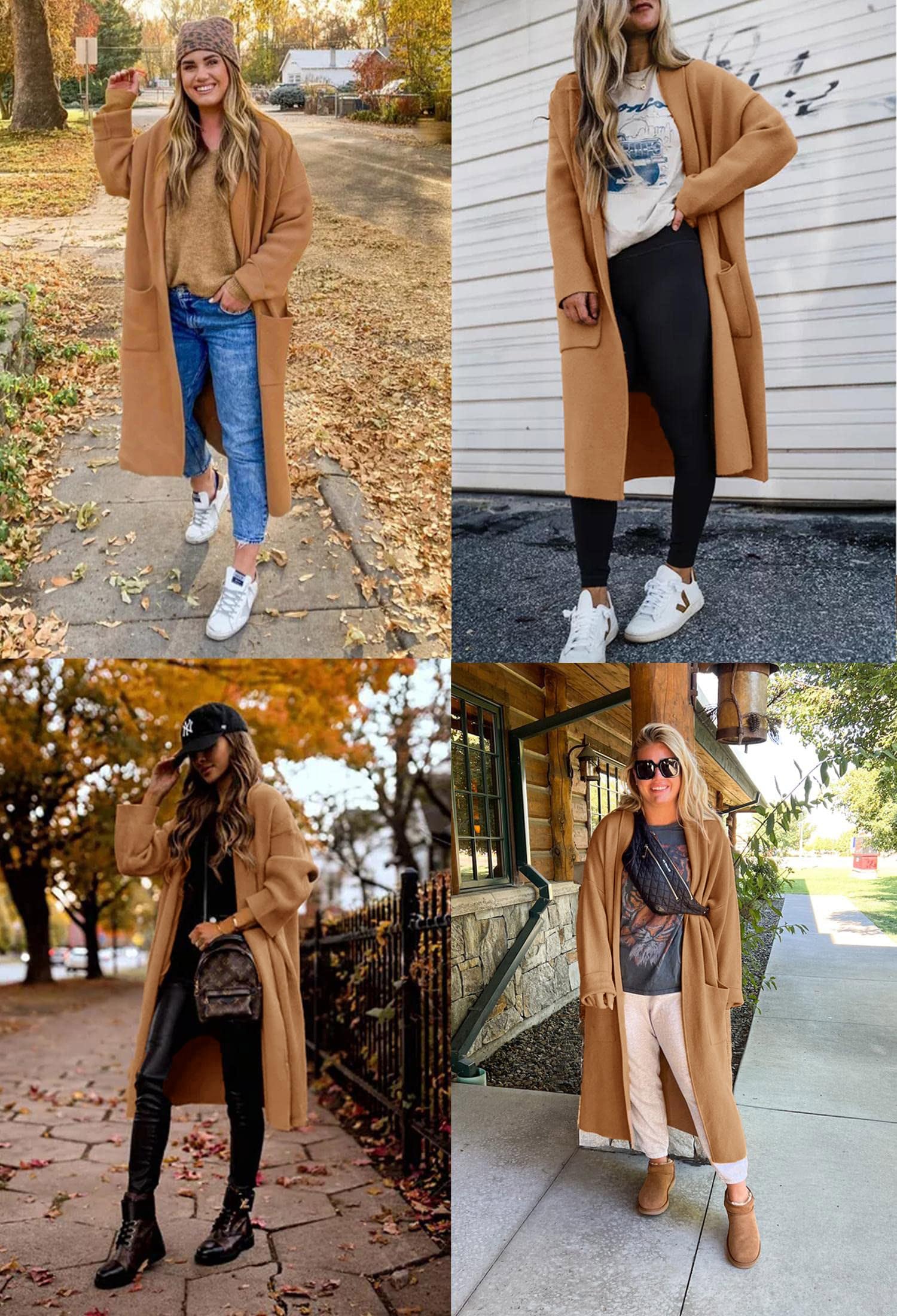Langärmeliger Maxi-Cardigan für Damen, offene Vorderseite, übergroßer Strickpullover, lässiger Revers, warmer Mantel mit Taschen