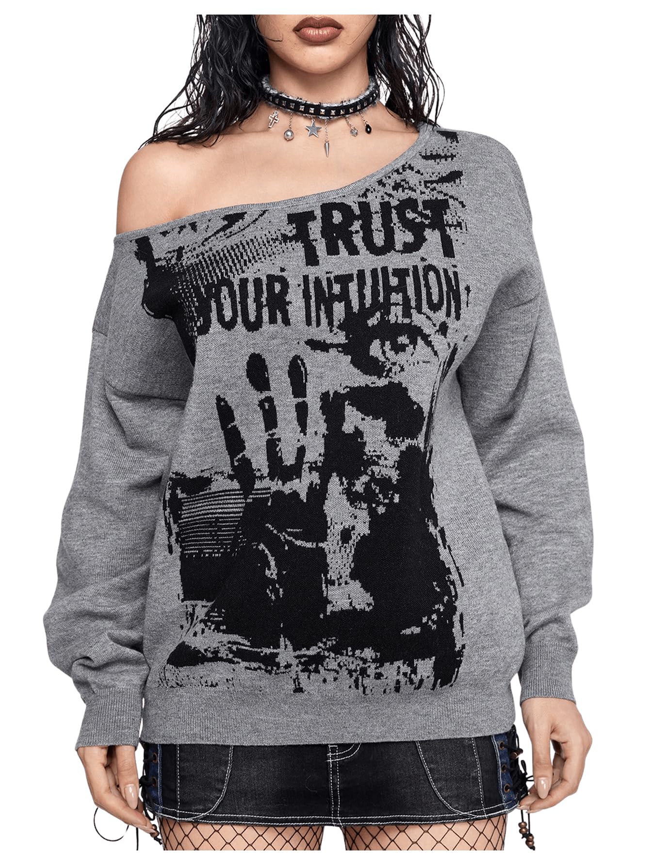 GORGLITTER Womens Off The Shoulder Sweater Gothic Clothes Y2k Graphic Oversized Cozy Chunky Knit Sweaters Streetwear Dark Grey