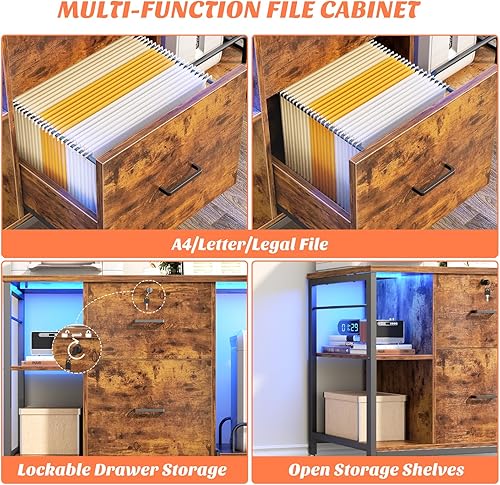 Miniatura 4 de Hyomdeck Archivador lateral de 2 cajones con soporte para trituradora, archivador de oficina con bloqueo con salida y luz LED, soporte de impresora
