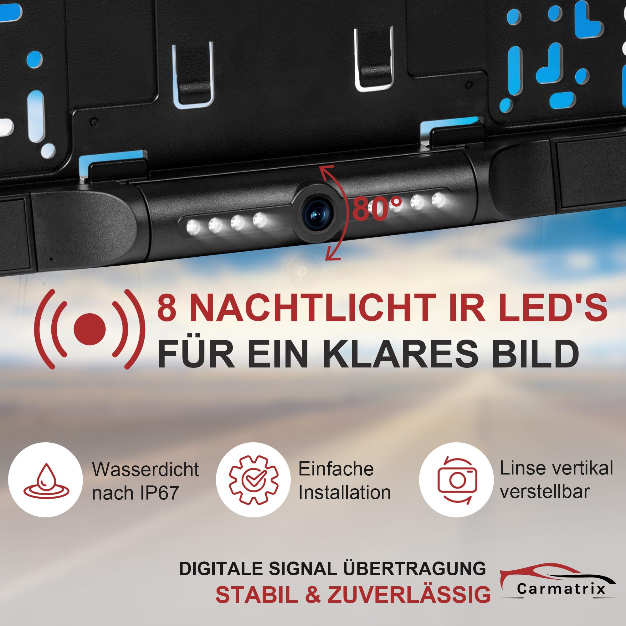 WLAN Funk Rückfahrkamera im Kennzeichenhalter HD Rückfahrsystem App-Steuerung iOS Android KI Erkennung IR Nachtsicht