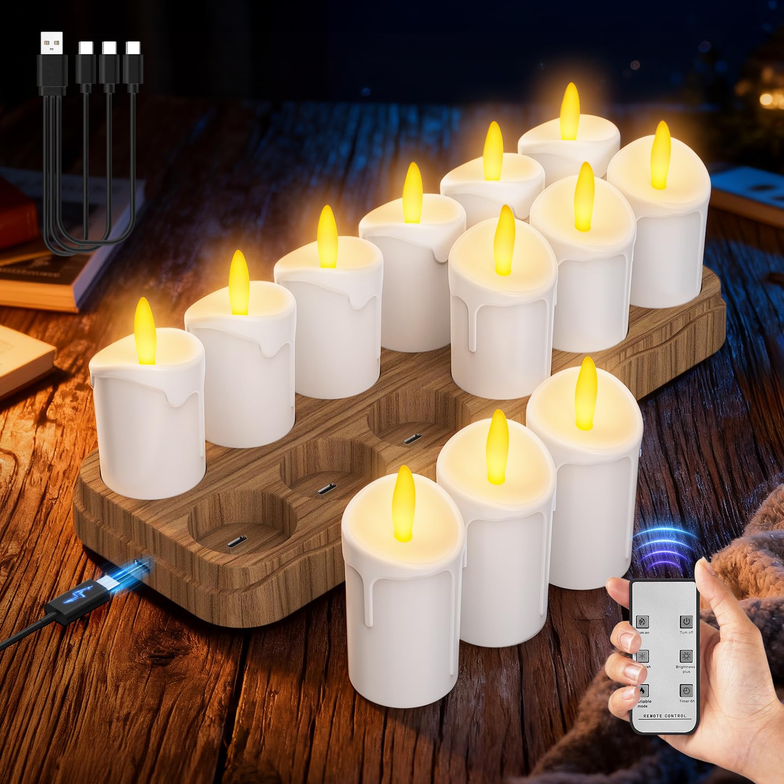 Candele LED Ricaricabili con Telecomando, Tea Light Candele Senza Fiamma, Candele Elettriche Funzionamento a Batteria Per Matrimonio, Halloween, Natale, Della Casa Decorazione (12pc con vassoio)