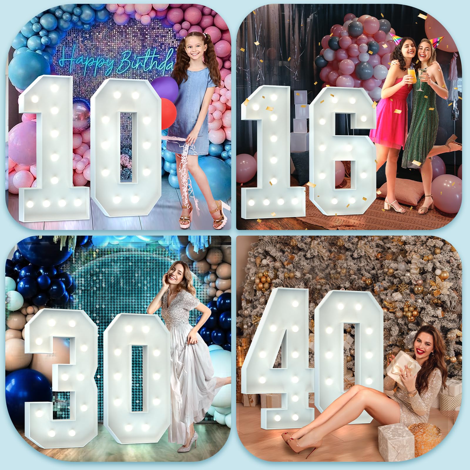 4FT Light Up Numbers Birthday Decoration Large Marquee Numbers 4 for 4th 40th Birthday Party Decor Wedding, Big Number Frame Foam Cardboard Mosaic Arch Stand Pre-cut Numbers — view 6