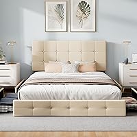 Vista 95 de WEEWAY Base de cama de plataforma de tamaño matrimonial con 4 cajones de almacenamiento, cabecera capitonada con botones de costura de diamante