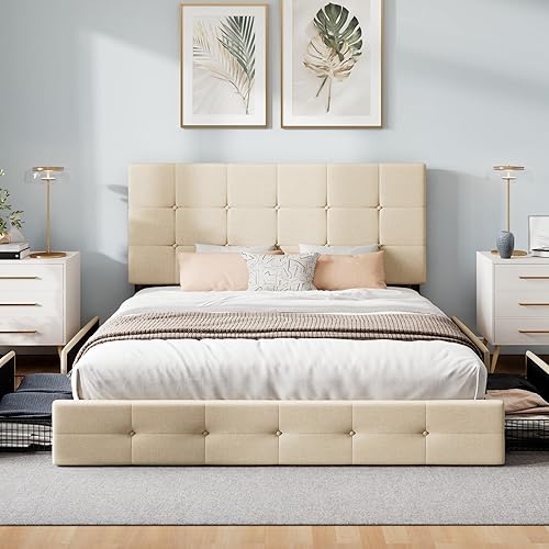 Miniatura 19 de WEEWAY Base de cama de plataforma tamaño Queen con 4 cajones de almacenamiento, cabecera capitonada con botones de costura de diamante, base de